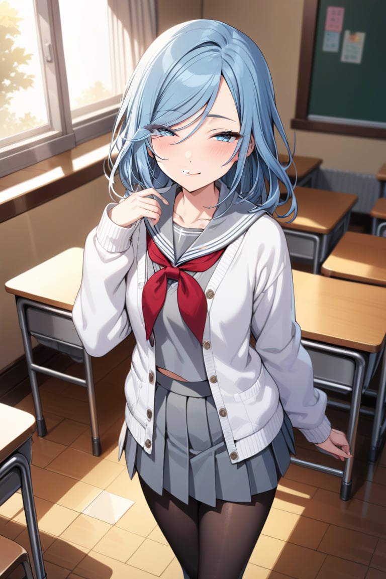 (masterpiece,best quality,ultra-detailed,very detailed illustrations,extremely detailed,intricate details,high res,extremely detailed),1girl, solo, long hair, looking at viewer, smile, blue eyes, skirt,shirt, long sleeves, closed mouth, school uniform, blue hair, standing, collarbone, full body, pantyhose, pleated skirt, open clothes, shoes, serafuku, hand up, sailor collar, mole, neckerchief, black pantyhose, buttons, swept bangs, half-closed eyes,eyes visible through hair, cardigan, mole under mouth, straight hair, grey shirt, red neckerchief, tsurime, grey skirt, arm at side, white sailor collar, dot nose, light blue hair, open cardigan, grey sailor collar, white cardigan,classroom, school desk,chair