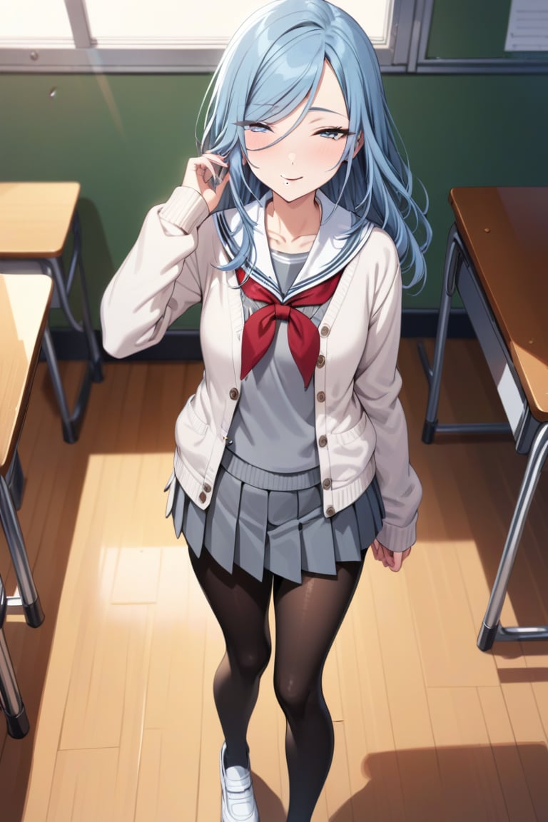 (masterpiece,best quality,ultra-detailed,very detailed illustrations,extremely detailed,intricate details,high res,extremely detailed),1girl, solo, long hair, looking at viewer, smile, blue eyes, skirt,shirt, long sleeves, closed mouth, school uniform, blue hair, standing, collarbone, full body, pantyhose, pleated skirt, open clothes, shoes, serafuku, hand up, sailor collar, mole, neckerchief, black pantyhose, buttons, swept bangs, half-closed eyes,eyes visible through hair, cardigan, mole under mouth, straight hair, grey shirt, red neckerchief, tsurime, grey skirt, arm at side, white sailor collar, dot nose, light blue hair, open cardigan, grey sailor collar, white cardigan,classroom, school desk,chair