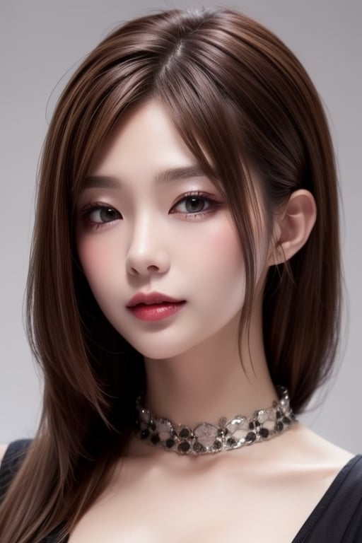 1girl
solo
brown hair
closed mouth
grey background
collar
lips
realistic ,beauty,yui,masterpiece,best quality,1 girl,yuri 