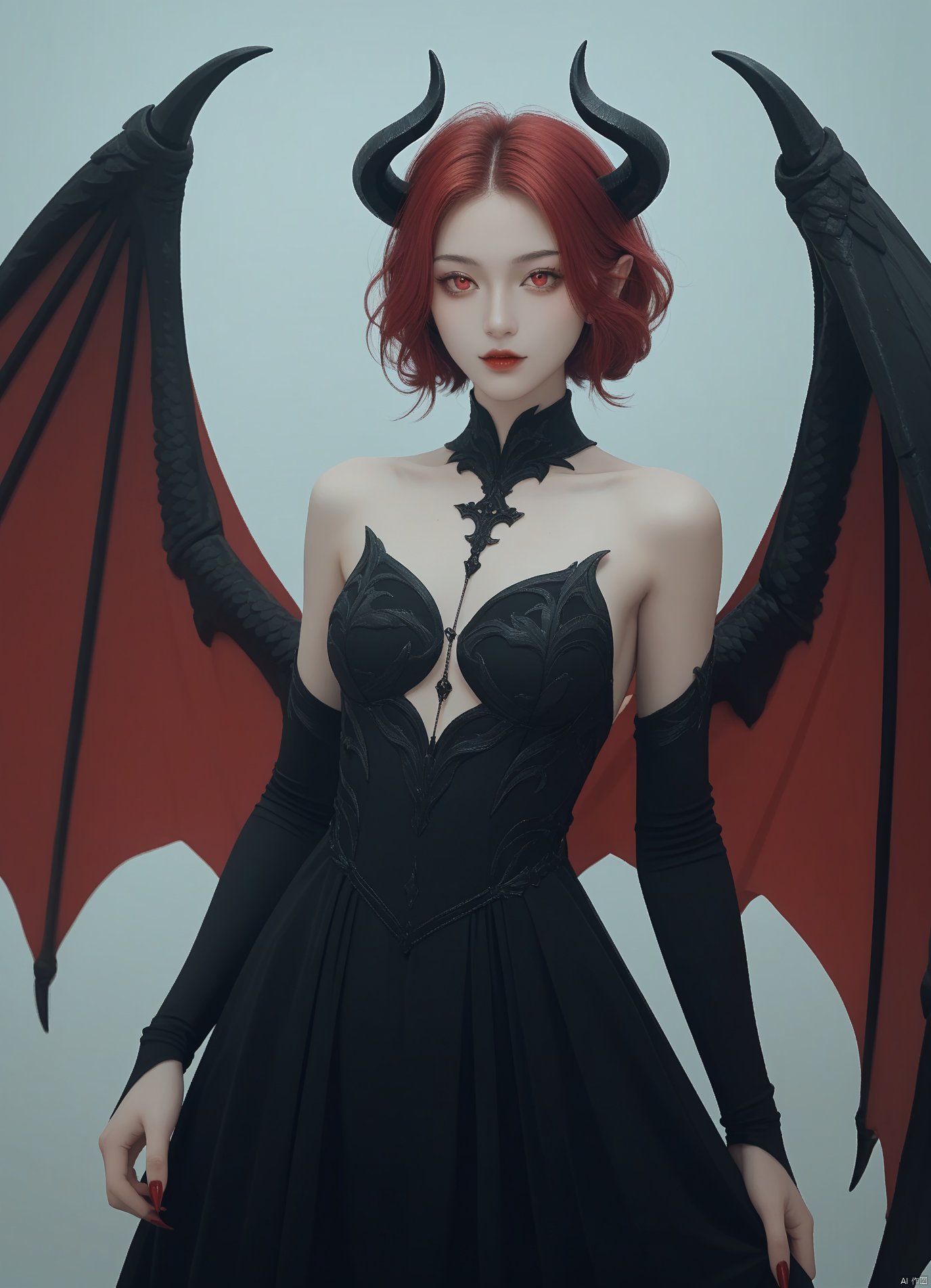 (score_9,score_8_up,score_7_up),1girl, girl demon, red hair, red eyes, wings, claws, black dress, beautiful_face