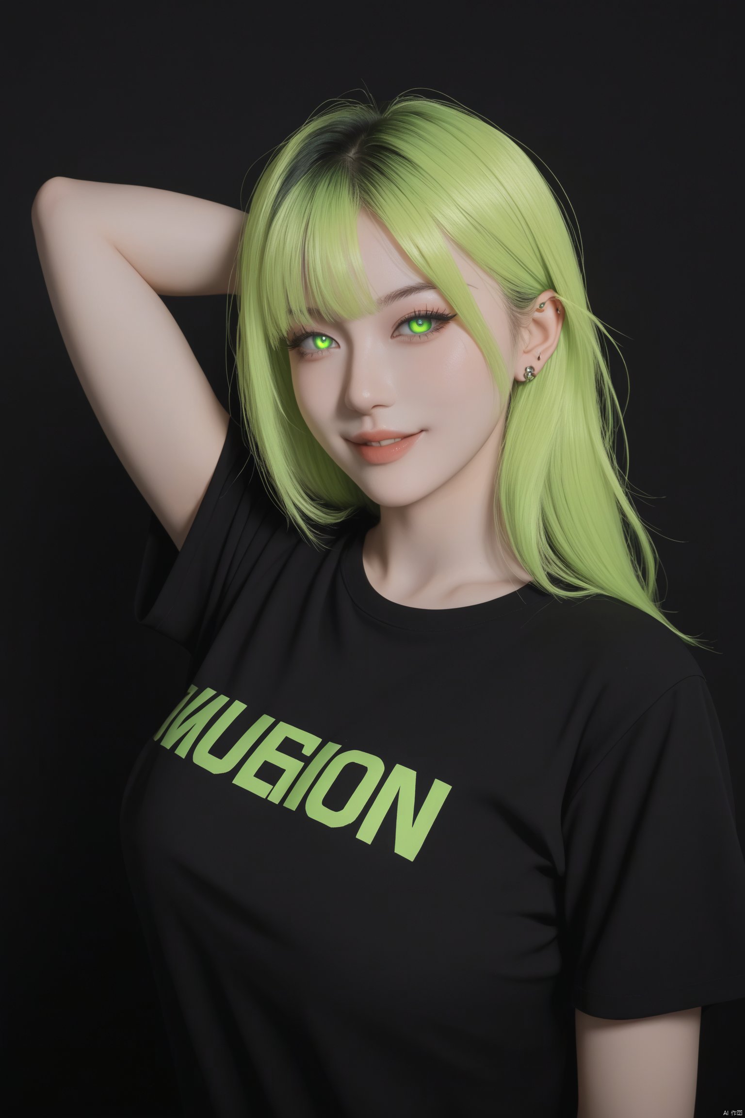 score_9,score_8_up,score_7_up,score_6_up,masterpiece,best quality,ultra-detailed,very aesthetic,absurdres,
1girl,pale skin,green eyes,thick black eyelashes,black eyeliner,dark eyeshadow,neon green hair,long hair,bangs,big breasts,oversized black t-shirt,ear piercings,looking at the viewer,bedroom eyes,seductive smile,g0thicPXL,glowing hair,glowing eyes,neon,arm behind head,arched back,dark background,cowboy shot,