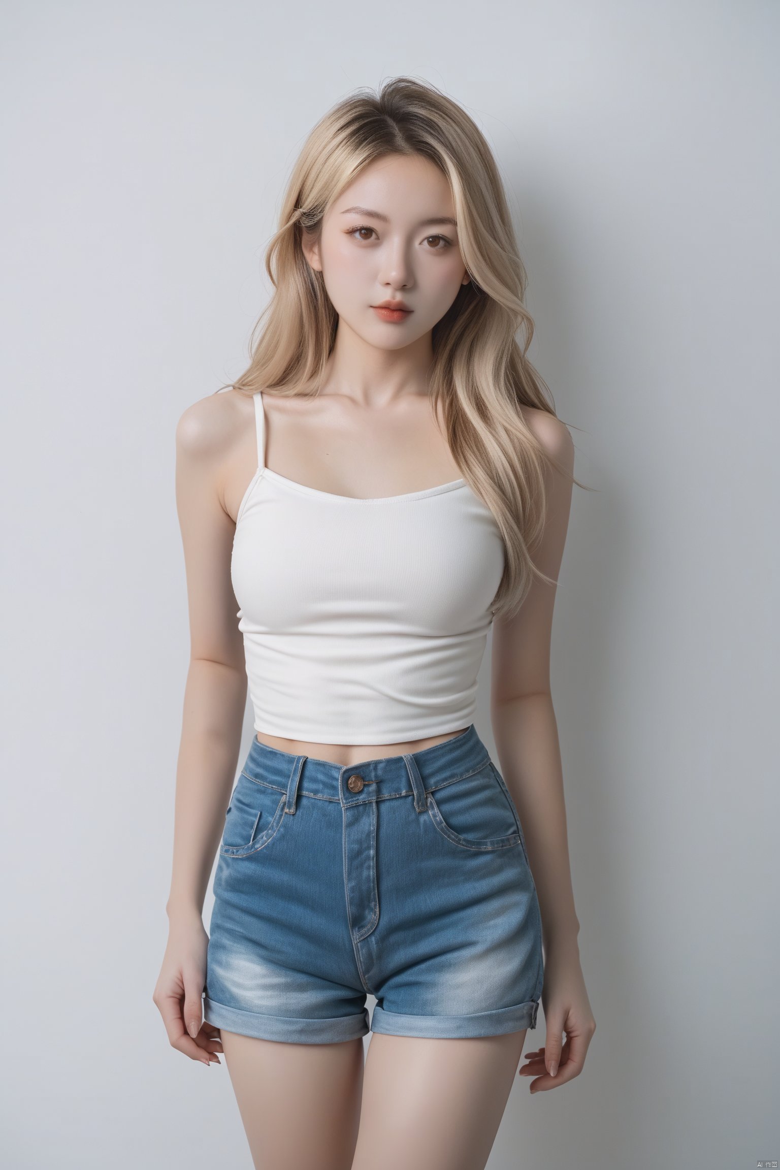 Score_9, Score_8_up, Score_7_up, reality, realistic, photorealistic, 2K, 
1girl,solo, brown eyes, blonde hair, multicolored hair, long hair, medium breasts, white **** top, bare shoulders, collarbone, sleeveless, blue denim shorts, standing,