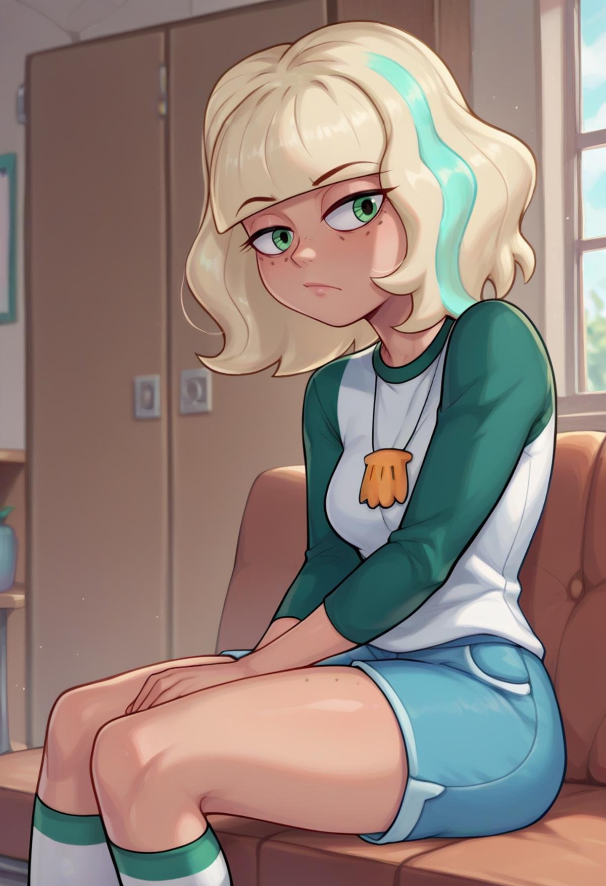 score_9,score_8_up,score_7_up,score_9,score_8_up,score_8,ultra detailed,beautiful face,highres BREAK <lora:jackie:1>,Jackie Lynn Thomas,1girl,solo,short hair,blonde hair,shirt,long sleeves,green eyes,white shirt,shorts,medium hair,kneehighs,freckles,blue shorts,raglan sleeves,room,room background,cowboy shot, sitting, 