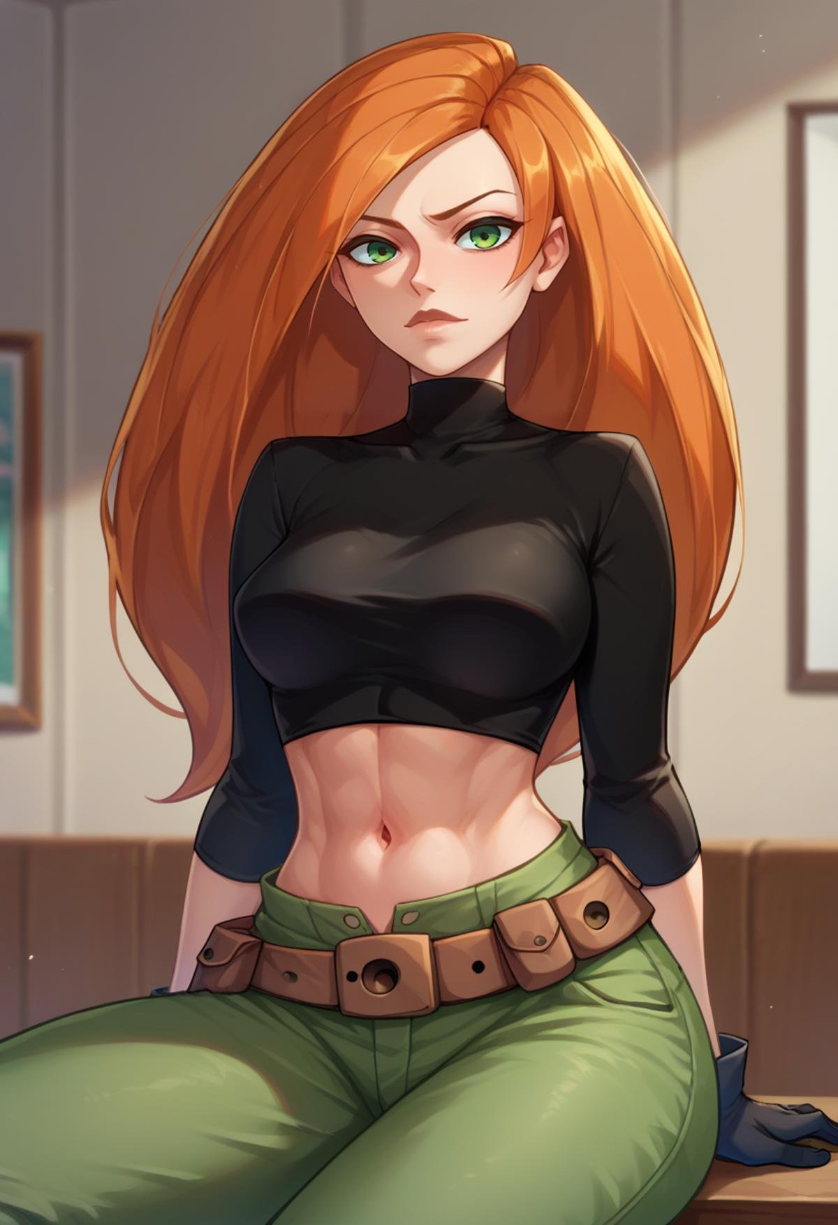 score_9,score_8_up,score_7_up,score_9,score_8_up,score_8,beautiful face,highres,lineart BREAK <lora:kim:1>,kim possible,1girl,solo,long hair,navel,green eyes,midriff,belt,green pants,orange hair,black crop top,turtleneck,black gloves,room,room background,cowboy shot, sitting, 