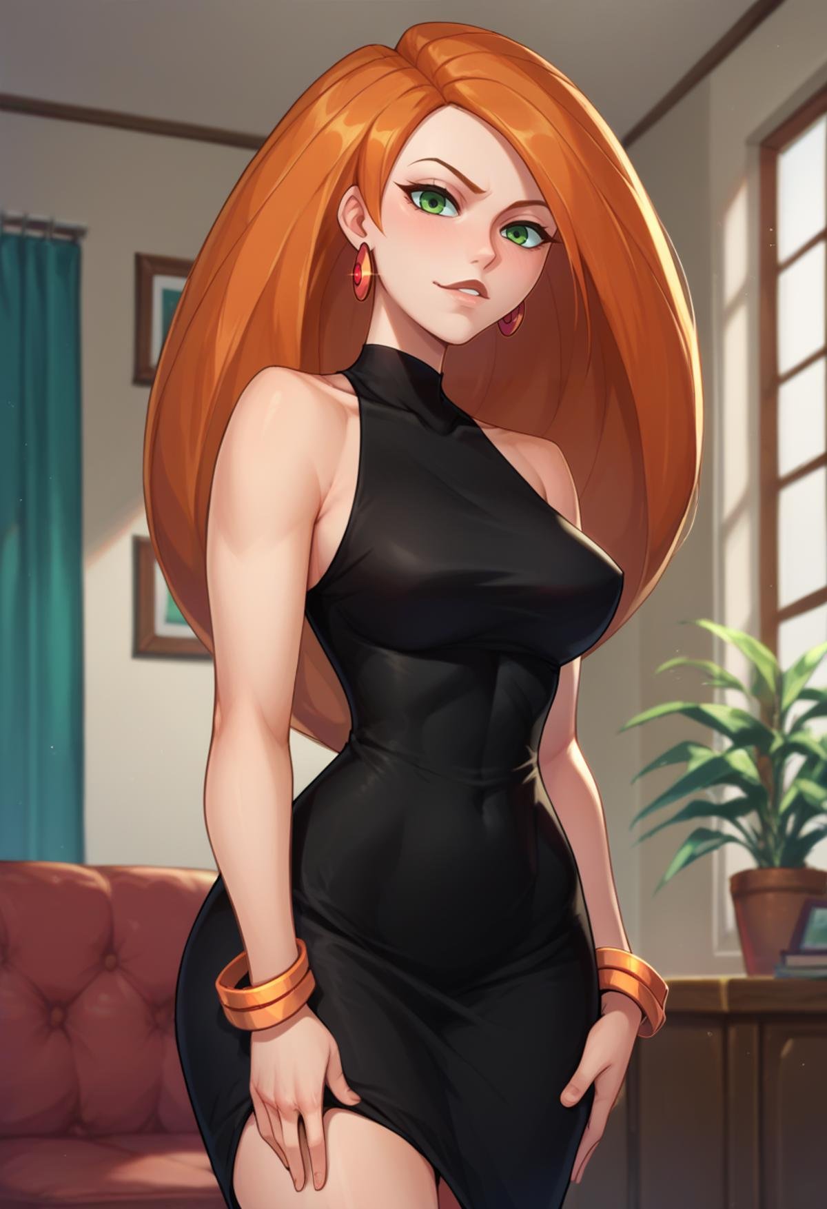 score_9,score_8_up,score_7_up,score_9,score_8_up,score_8,beautiful face,highres,lineart BREAK <lora:kim:1>, kim possible, 1girl, solo, long hair, looking at viewer, orange hair, dress, bare shoulders, jewelry, green eyes, earrings, sleeveless,  black dress, bracelet, sleeveless dress, short dress, room, room background,