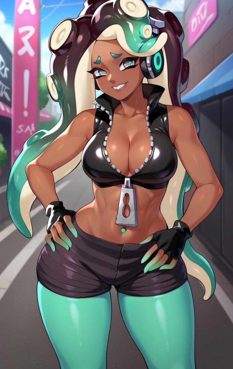 score_9, score_8_up, score_7_up, score_9, BREAK  <lora:marina:1> marinaSDXL, 1girl, solo, long hair, looking at viewer, smile,gloves,  street background, navel, cleavage, bare shoulders, medium breasts, green eyes, standing, cowboy shot, pantyhose, parted lips, green hair, shorts, black gloves, midriff, dark skin, fingerless gloves, mole, vest, aqua eyes, dark-skinned female, lips, crop top, aqua hair, colored skin, black shorts, piercing, mole under mouth, zipper, tentacle hair, unzipped, zipper pull tab, green skin, legwear under shorts, navel piercing, multicolored skin, suction cups, octarian, pantyhose under shorts, pink pupils, green pantyhose, cephalopod eyes, marina (splatoon)