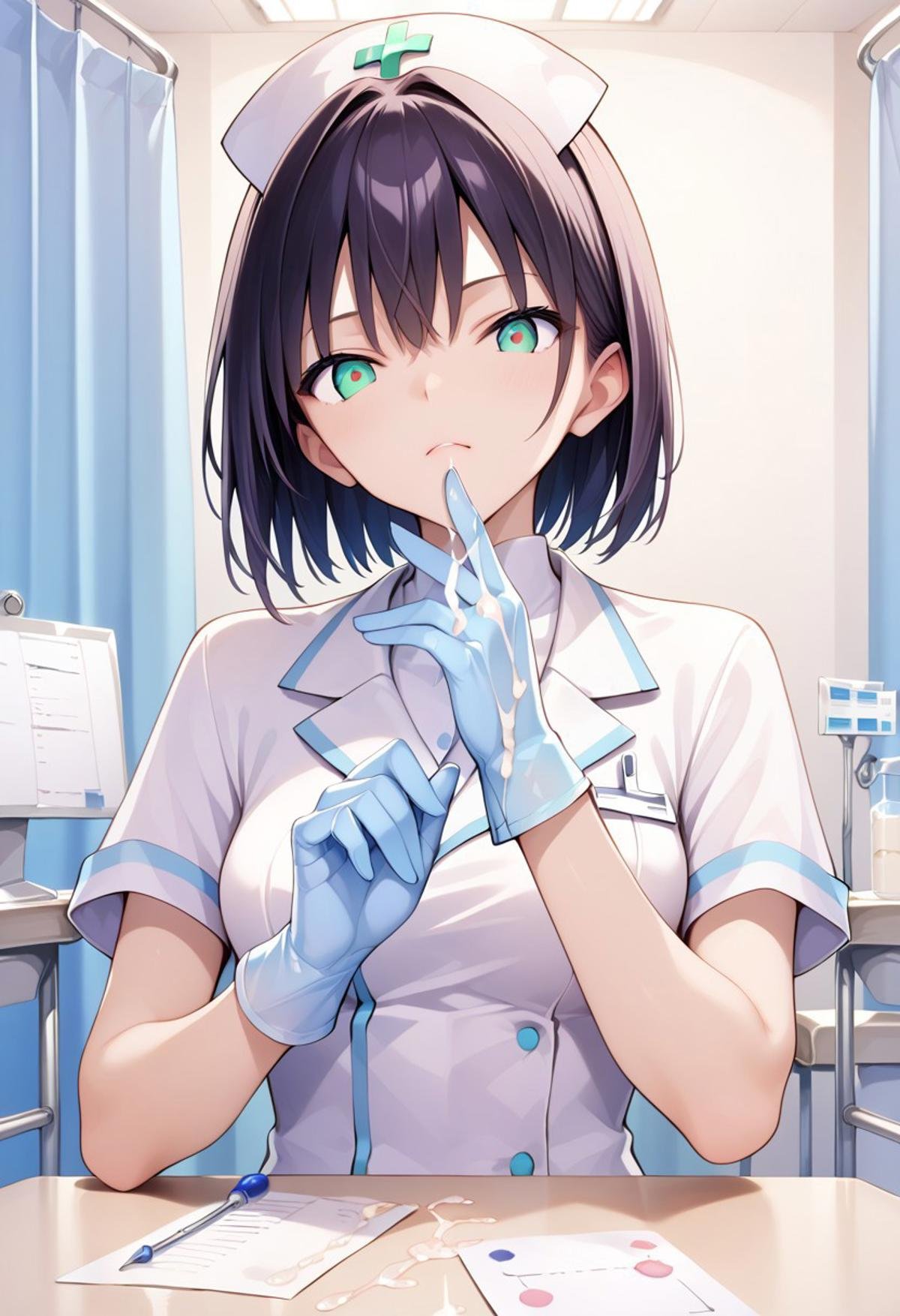 score_9_up, score_8_up, score_7_up, source_anime, masterpiece, perfectly detailed, detailed face, detailed background, 1girl, complete clothes, BREAK,Penis, veins, (cum on gloves:1.3), black gloves,Hospital, Operating Table, CUM DONATION ASSISTANCE, TITS SEX