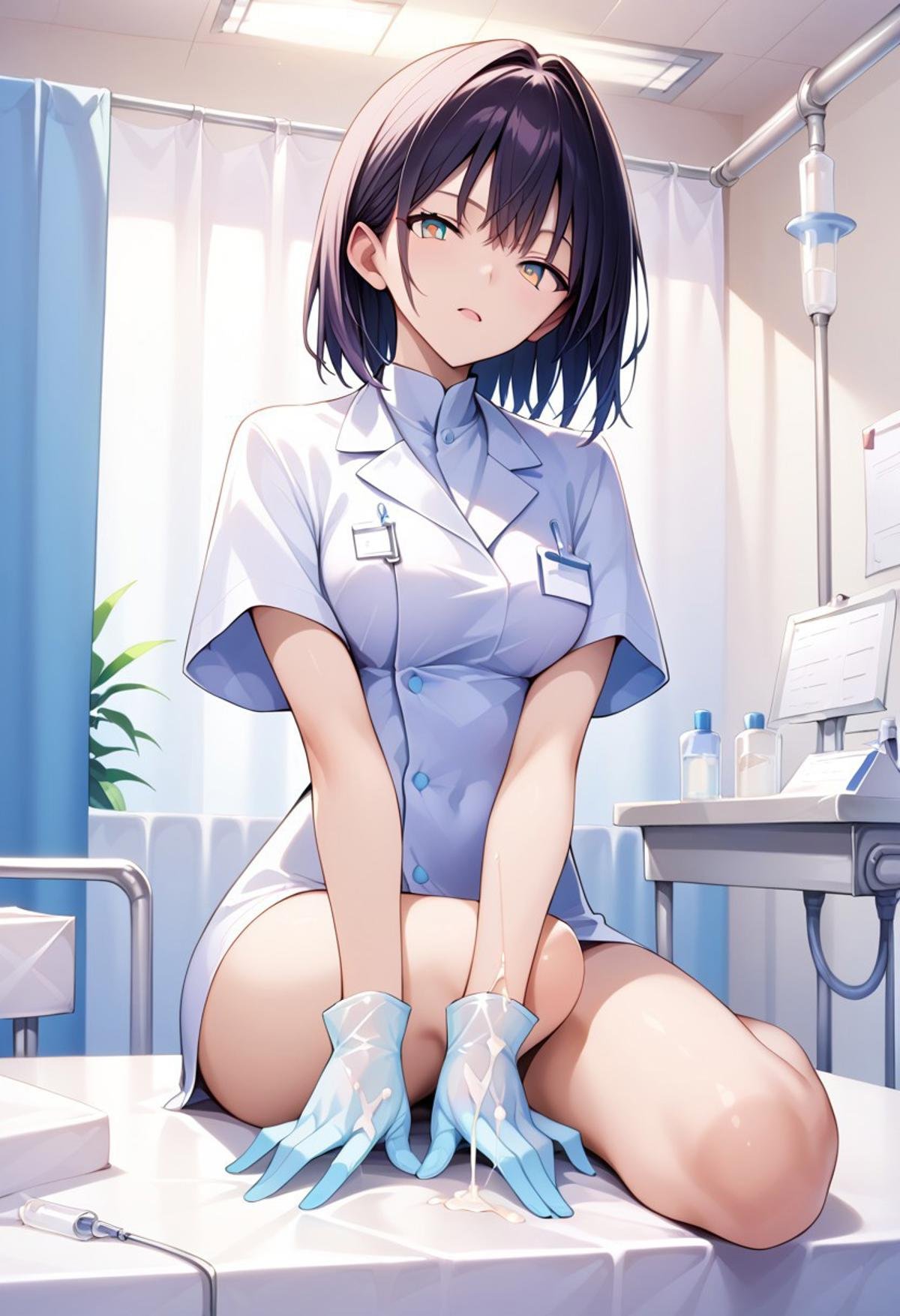 score_9_up, score_8_up, score_7_up, source_anime, masterpiece, perfectly detailed, detailed face, detailed background, 1girl, complete clothes, BREAK,Penis, veins, (cum on gloves:1.3), Medical gloves,Hospital, Operating Table, CUM DONATION ASSISTANCE, FELLATIO