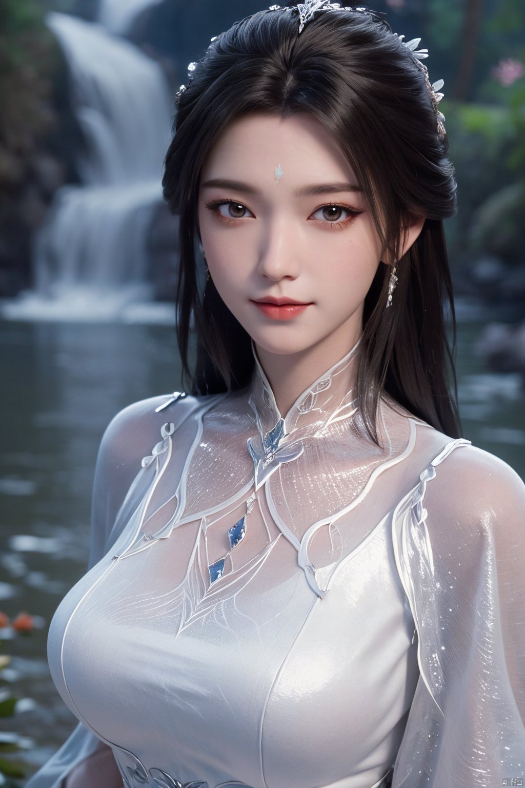 masterpiece,(best quality),official art,extremely detailed cg 8k wallpaper,(extremely delicate and beautiful),,1girl,Depth of field,kind smile,looking_at_viewer,Dynamic pose,Xluxueqi,(big breasts:1.23), full moon,flowers,Waterfall, lotus, willow, butterfly