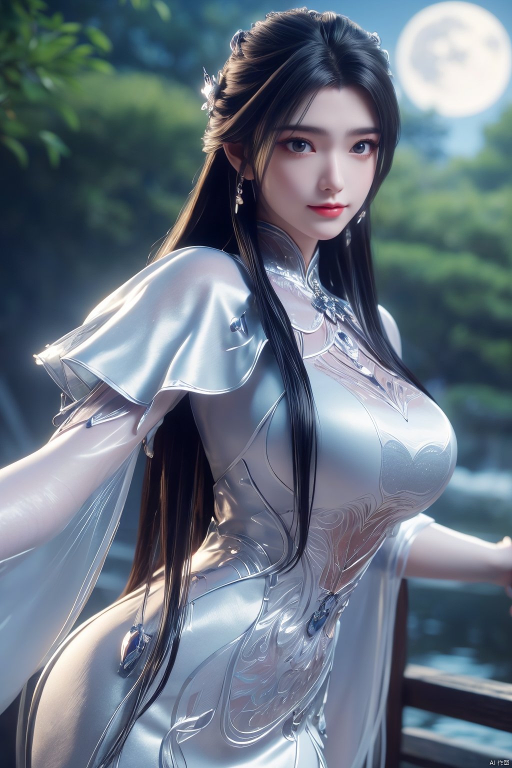 masterpiece,(best quality),official art,extremely detailed cg 8k wallpaper,(extremely delicate and beautiful),,1girl,cowboy shot,(Good structure), DSLR Quality,Depth of field,kind smile,looking_at_viewer,Dynamic pose,Xluxueqi,(big breasts:1.23), full moon,flowers,Waterfall, lotus, willow, butterfly