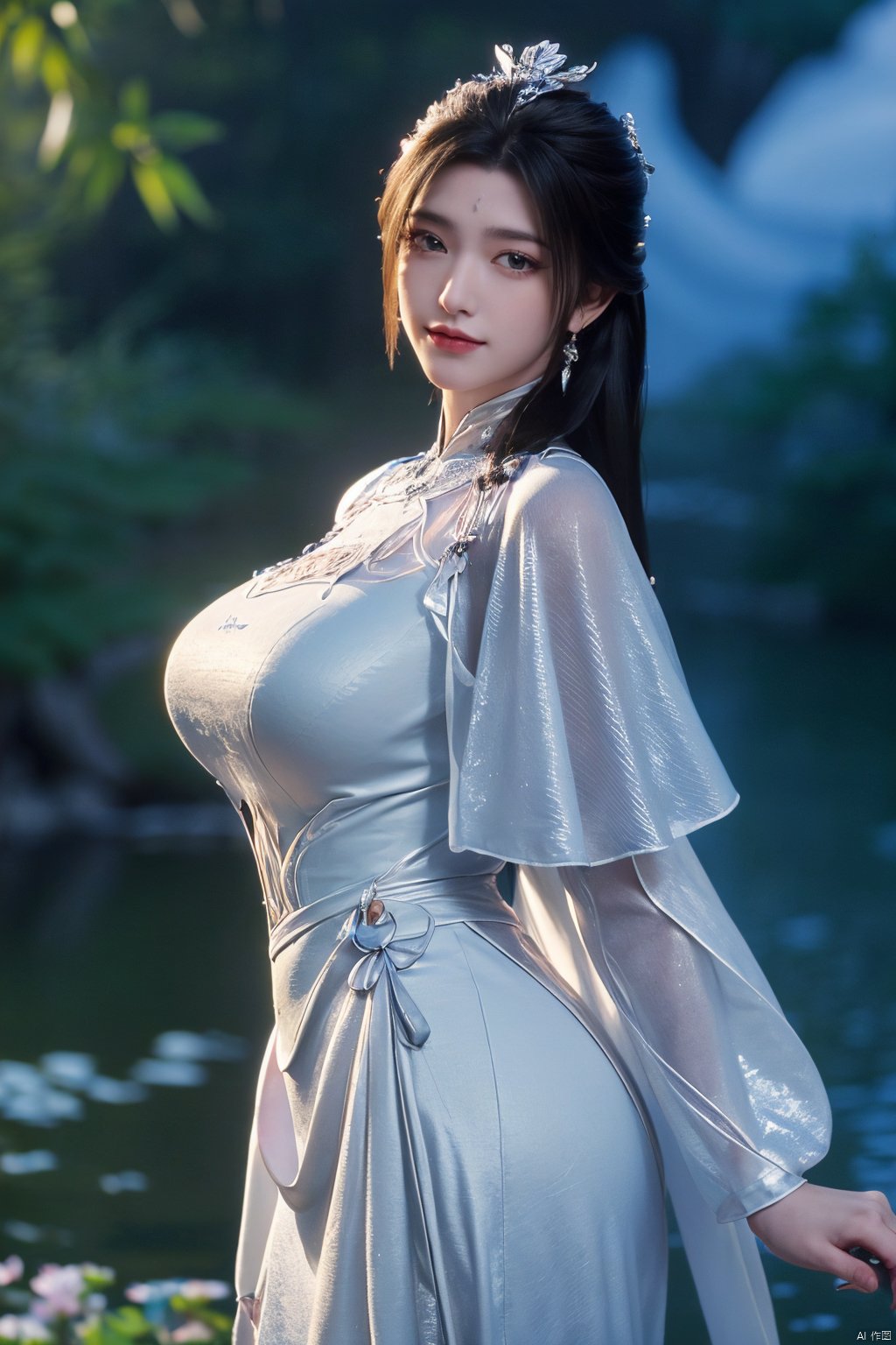 masterpiece,(best quality),official art,extremely detailed cg 8k wallpaper,(extremely delicate and beautiful),,1girl,cowboy shot,(Good structure), DSLR Quality,Depth of field,kind smile,looking_at_viewer,Dynamic pose,Xluxueqi,(big breasts:1.29), full moon,flowers,Waterfall, lotus, willow, butterfly