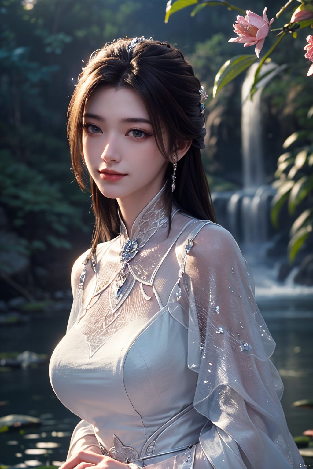 masterpiece,(best quality),official art,extremely detailed cg 8k wallpaper,(extremely delicate and beautiful),,1girl,Depth of field,kind smile,looking_at_viewer,Dynamic pose,Xluxueqi,(big breasts:1.23), full moon,flowers,Waterfall, lotus, willow, butterfly