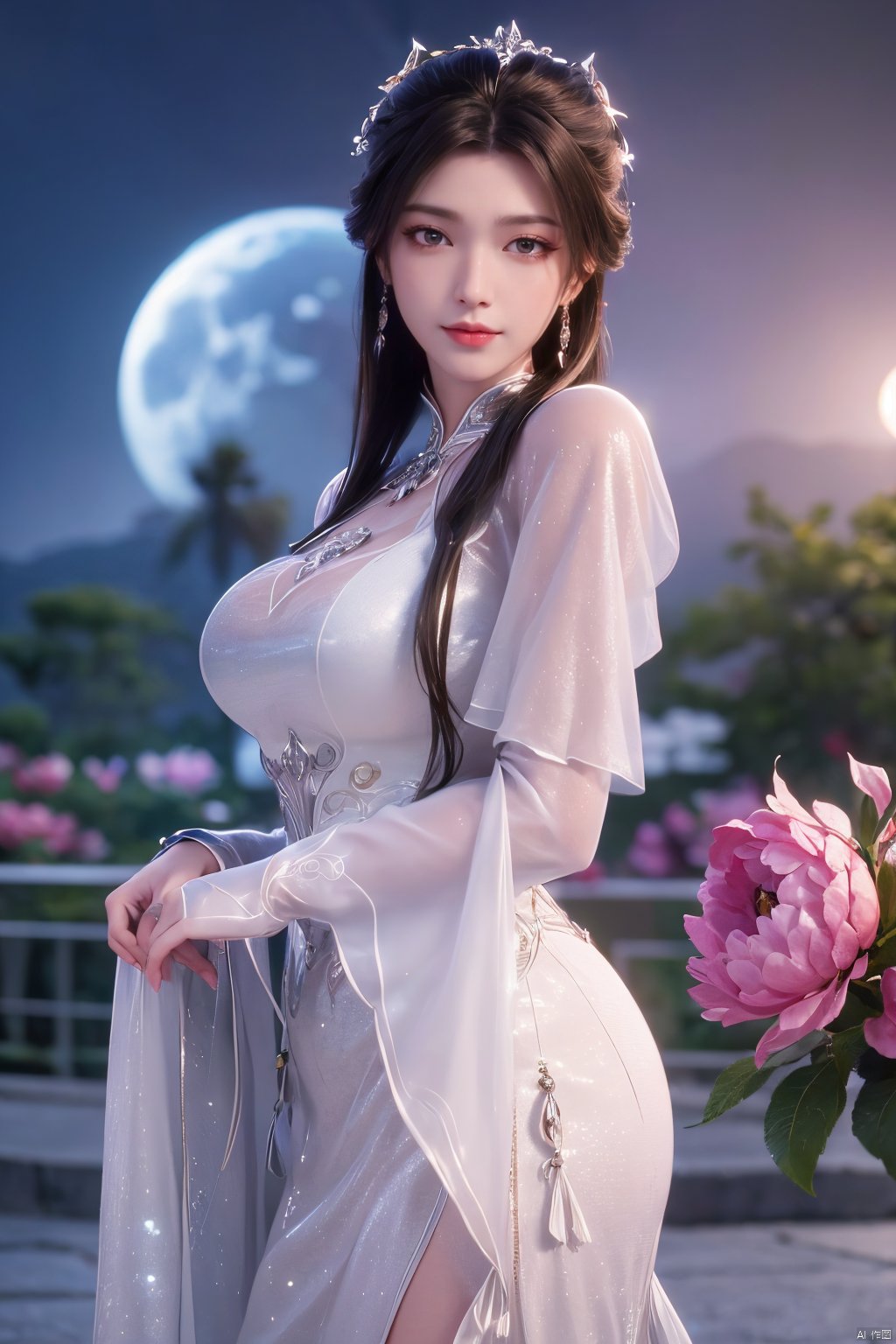 masterpiece,(best quality),official art,extremely detailed cg 8k wallpaper,(extremely delicate and beautiful),,1girl,cowboy shot,(Good structure), DSLR Quality,Depth of field,kind smile,looking_at_viewer,Dynamic pose,Xluxueqi,full moon,Peony flowers