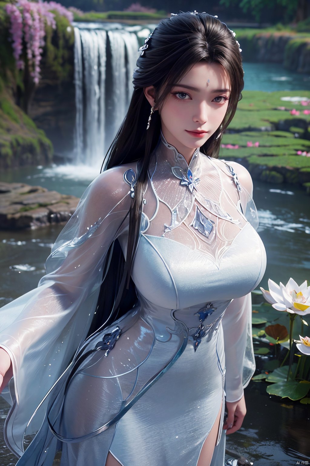 masterpiece,(best quality),official art,extremely detailed cg 8k wallpaper,(extremely delicate and beautiful),,1girl,cowboy shot,(Good structure), DSLR Quality,Depth of field,kind smile,looking_at_viewer,Dynamic pose,Xluxueqi,(big breasts:1.23), full moon,flowers,Waterfall, lotus, willow, butterfly