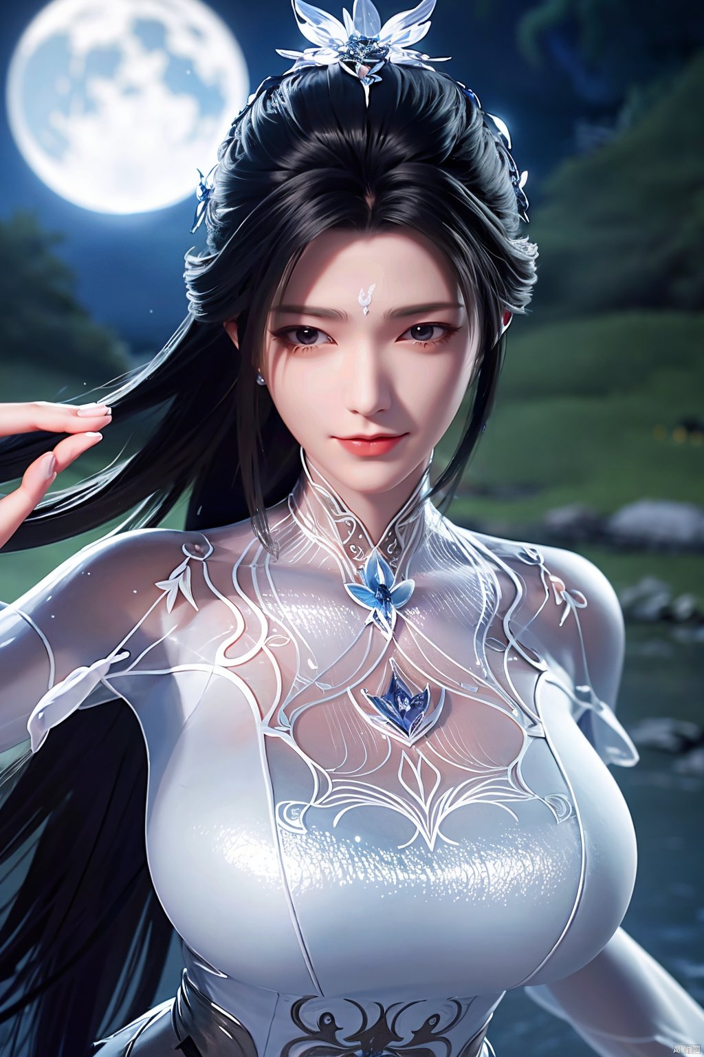 masterpiece,(best quality),official art,extremely detailed cg 8k wallpaper,(extremely delicate and beautiful),,1girl,Depth of field,kind smile,looking_at_viewer,Dynamic pose,Xluxueqi,(big breasts:1.23), full moon,flowers,Waterfall, lotus, willow, butterfly