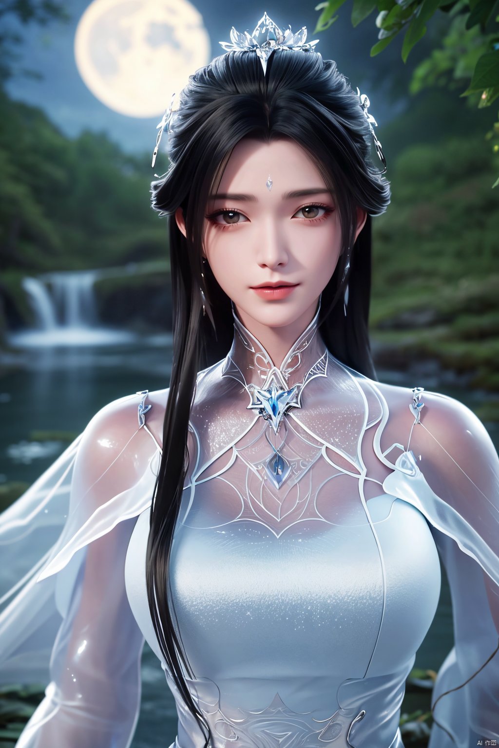 masterpiece,(best quality),official art,extremely detailed cg 8k wallpaper,(extremely delicate and beautiful),,1girl,Depth of field,kind smile,looking_at_viewer,Dynamic pose,Xluxueqi,(big breasts:1.23), full moon,flowers,Waterfall, lotus, willow, butterfly