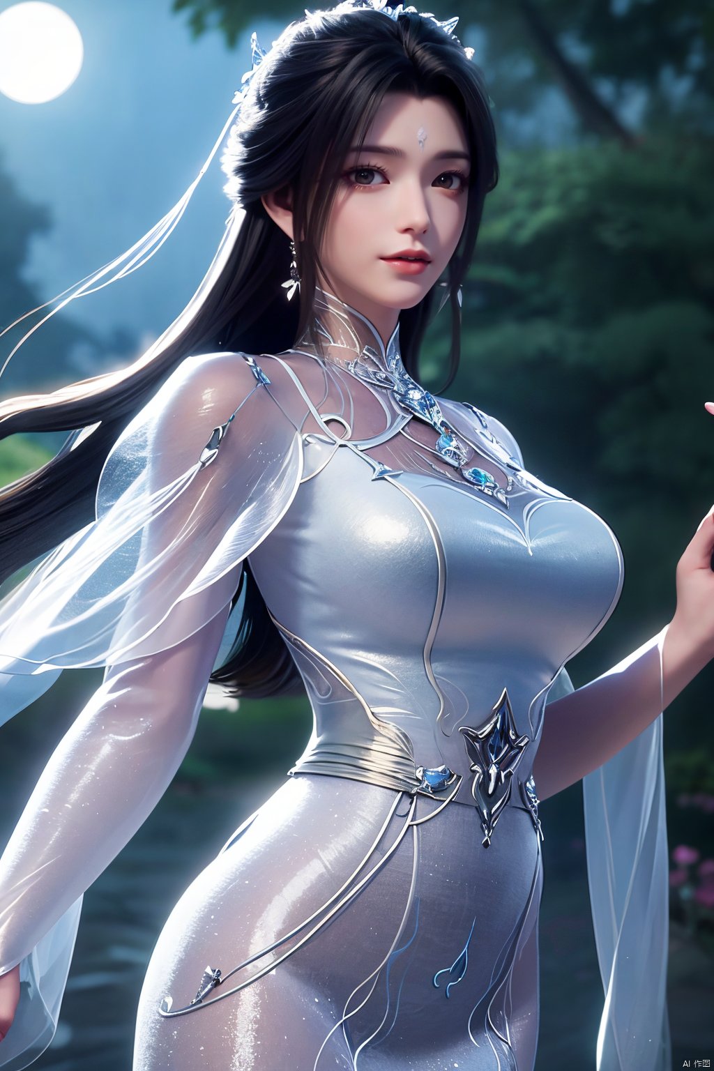 masterpiece,(best quality),official art,extremely detailed cg 8k wallpaper,(extremely delicate and beautiful),,1girl,Depth of field,kind smile,looking_at_viewer,Dynamic pose,Xluxueqi,(big breasts:1.23), full moon,flowers,Waterfall, lotus, willow, butterfly