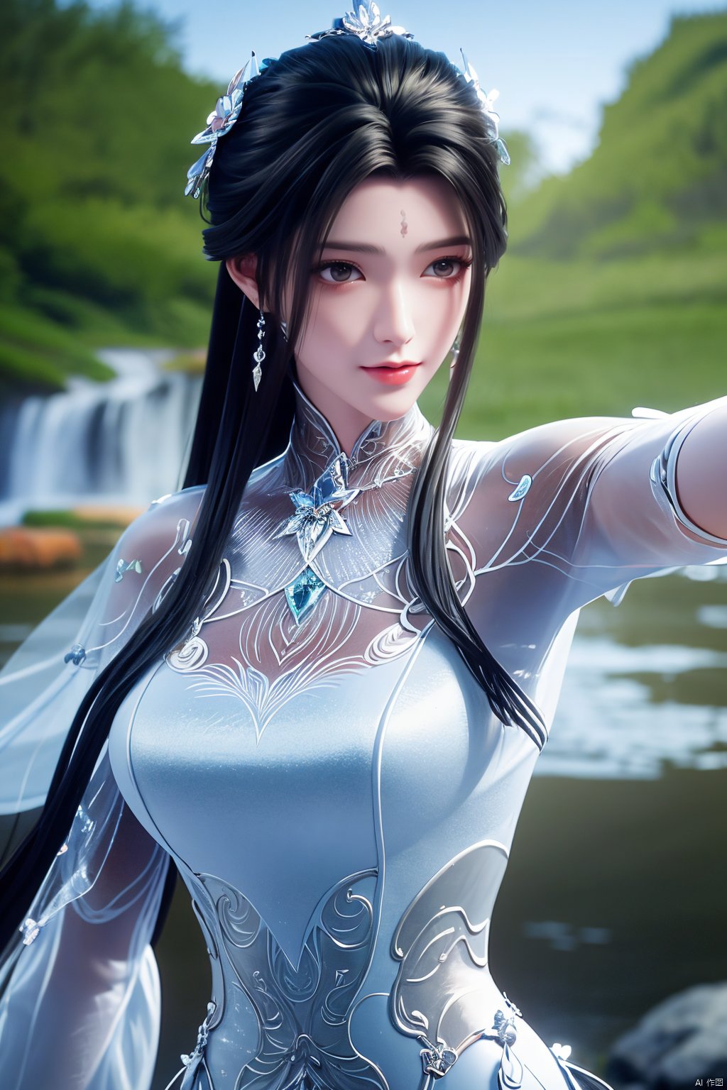 masterpiece,(best quality),official art,extremely detailed cg 8k wallpaper,(extremely delicate and beautiful),,1girl,Depth of field,kind smile,looking_at_viewer,Dynamic pose,Xluxueqi,(big breasts:1.23), full moon,flowers,Waterfall, lotus, willow, butterfly