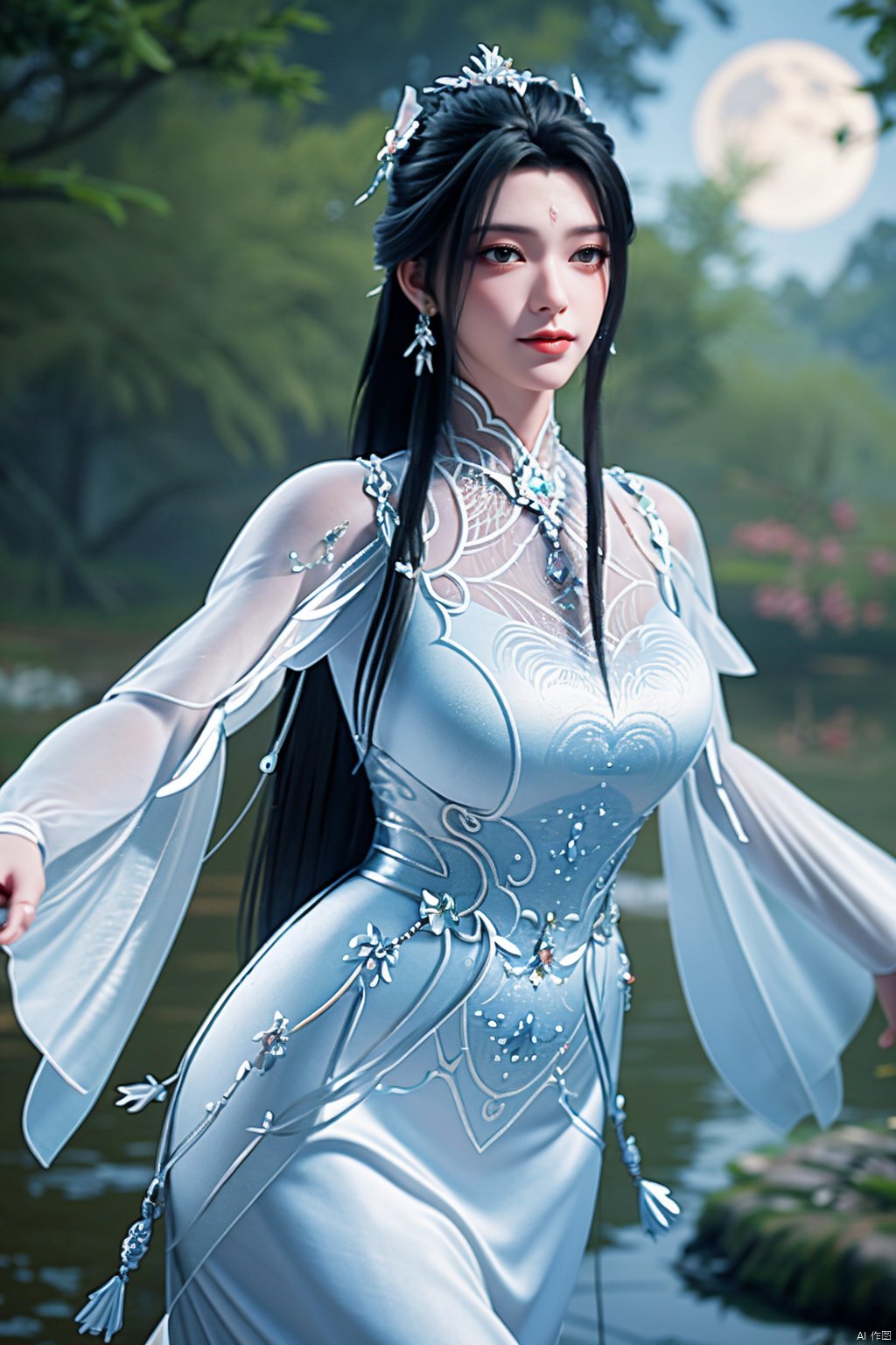 masterpiece,(best quality),official art,extremely detailed cg 8k wallpaper,(extremely delicate and beautiful),,1girl,Depth of field,kind smile,looking_at_viewer,Dynamic pose,Xluxueqi,(big breasts:1.23), full moon,flowers,Waterfall, lotus, willow, butterfly