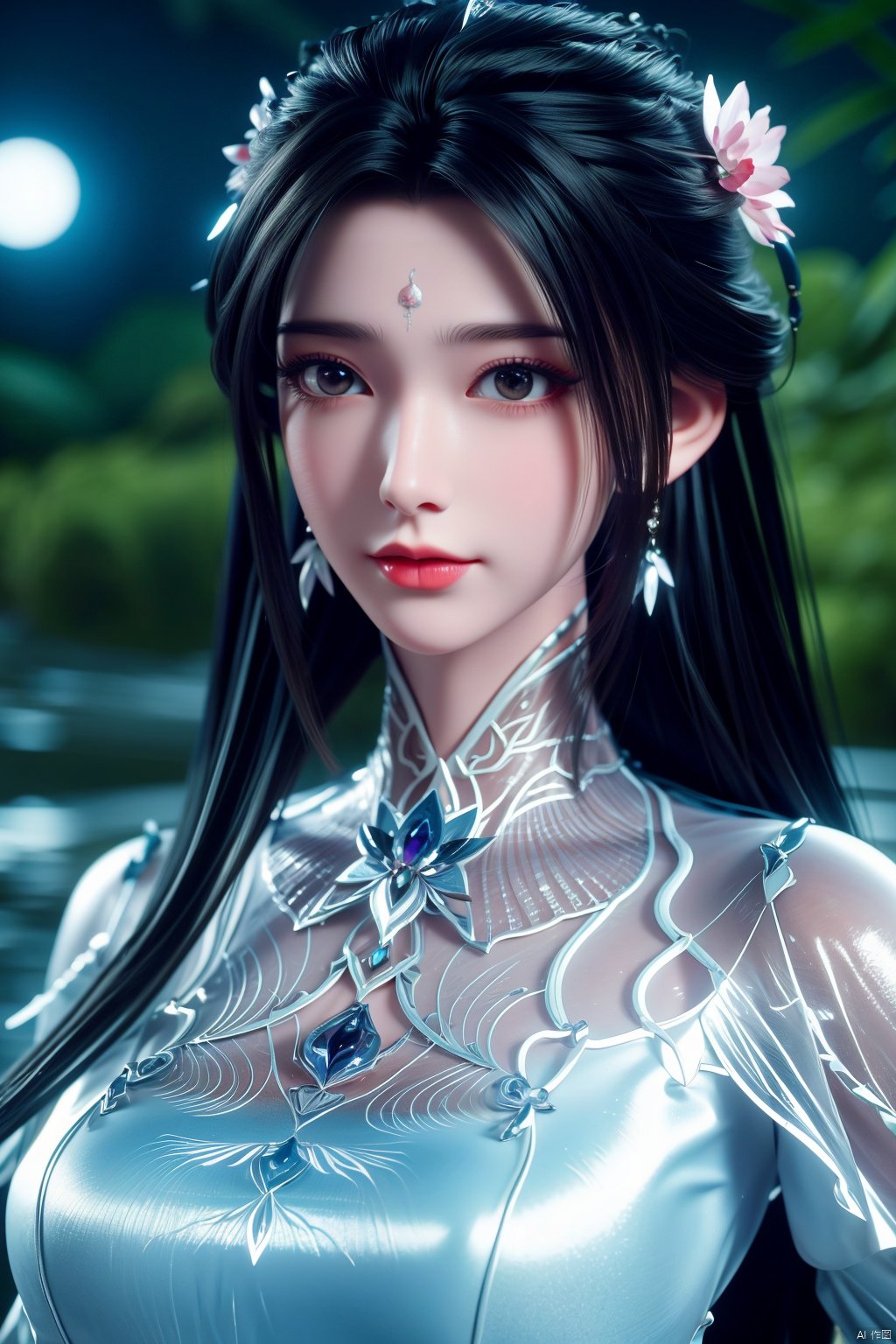 masterpiece,(best quality),official art,extremely detailed cg 8k wallpaper,(extremely delicate and beautiful),,1girl,Depth of field,kind smile,looking_at_viewer,Dynamic pose,Xluxueqi,(big breasts:1.23), full moon,flowers,Waterfall, lotus, willow, butterfly