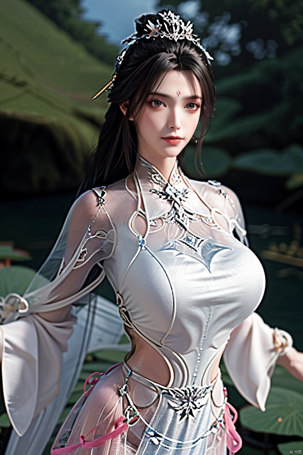 masterpiece,(best quality),official art,extremely detailed cg 8k wallpaper,(extremely delicate and beautiful),,1girl,Depth of field,kind smile,looking_at_viewer,Dynamic pose,Xluxueqi,(big breasts:1.23), full moon,flowers,Waterfall, lotus, willow, butterfly