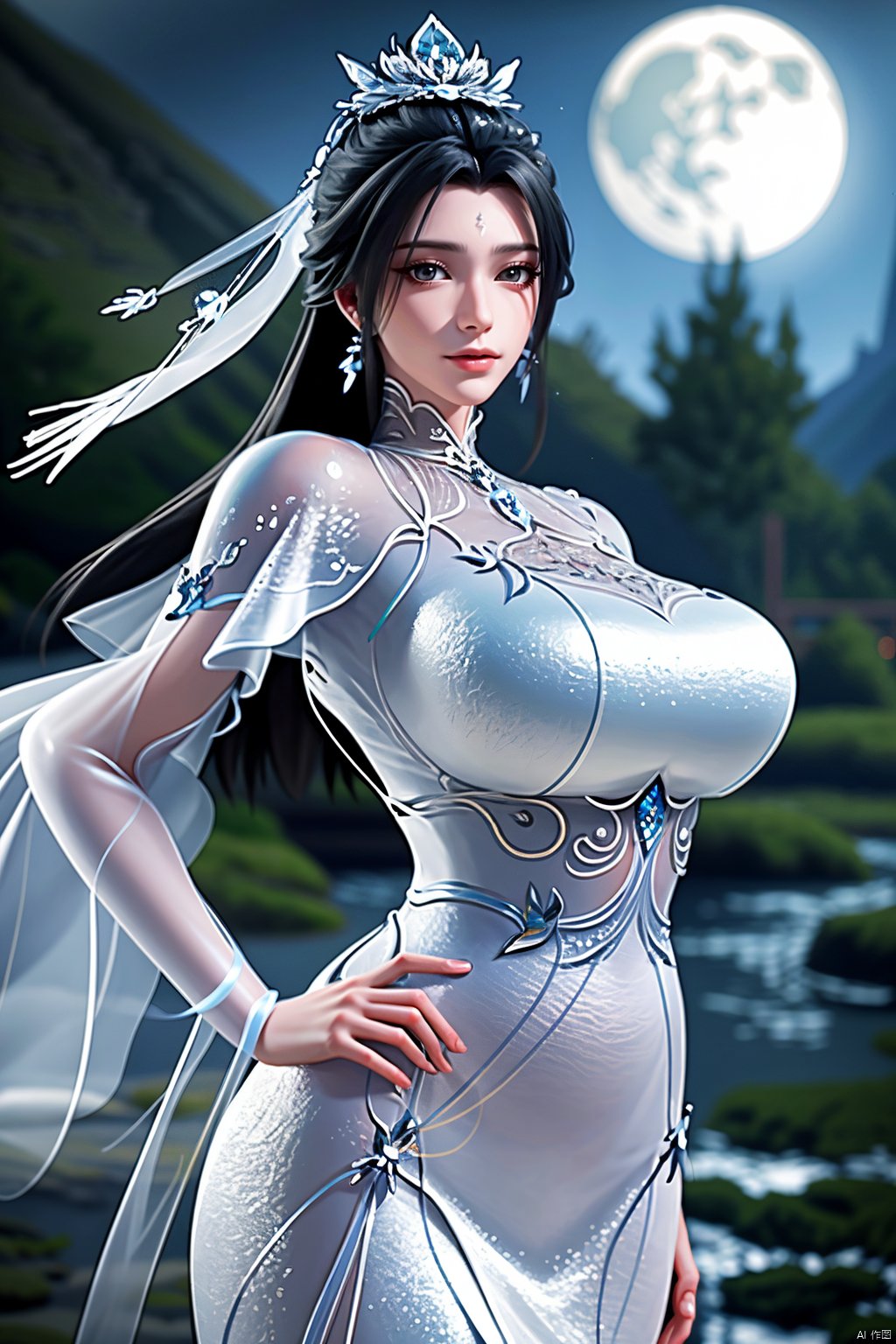 masterpiece,(best quality),official art,extremely detailed cg 8k wallpaper,(extremely delicate and beautiful),,1girl,Depth of field,kind smile,looking_at_viewer,Dynamic pose,Xluxueqi,(big breasts:1.23), full moon,flowers,Waterfall, lotus, willow, butterfly