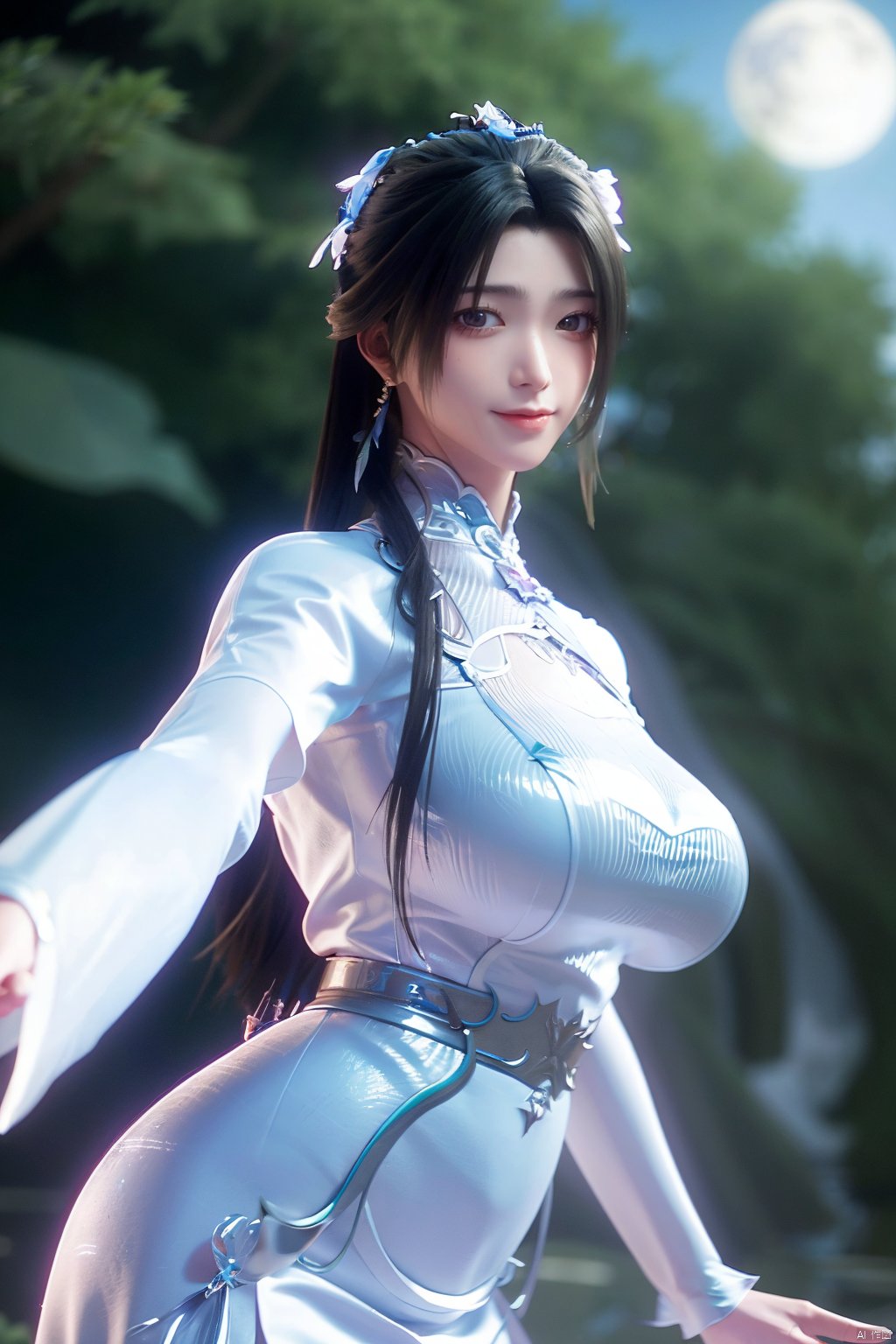 masterpiece,(best quality),official art,extremely detailed cg 8k wallpaper,(extremely delicate and beautiful),,1girl,Depth of field,kind smile,looking_at_viewer,Dynamic pose,Xluxueqi,(big breasts:1.23), full moon,flowers,Waterfall, lotus, willow, butterfly