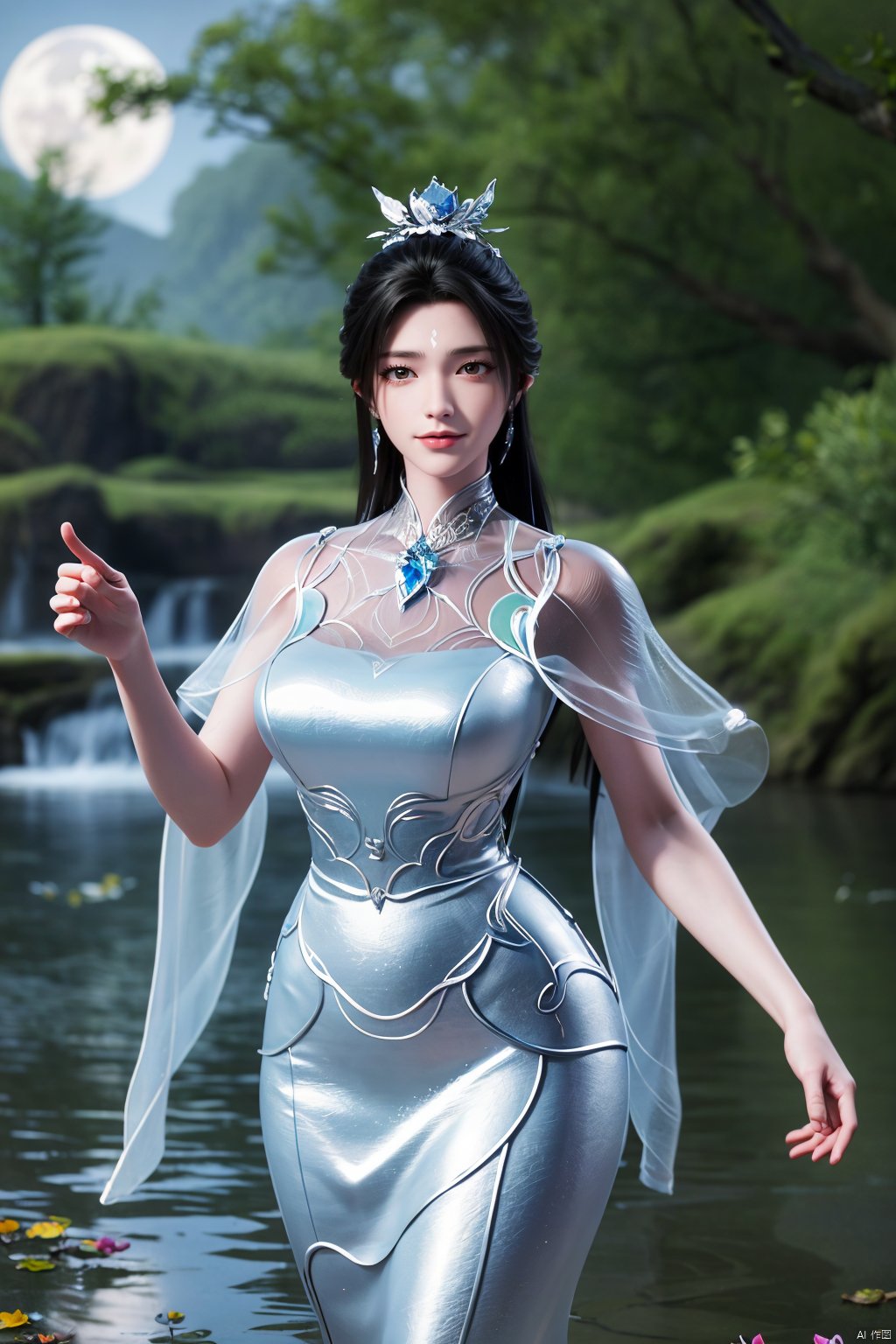 masterpiece,(best quality),official art,extremely detailed cg 8k wallpaper,(extremely delicate and beautiful),,1girl,cowboy shot,(Good structure), DSLR Quality,Depth of field,kind smile,looking_at_viewer,Dynamic pose,Xluxueqi,(big breasts:1.23), full moon,flowers,Waterfall, lotus, willow, butterfly