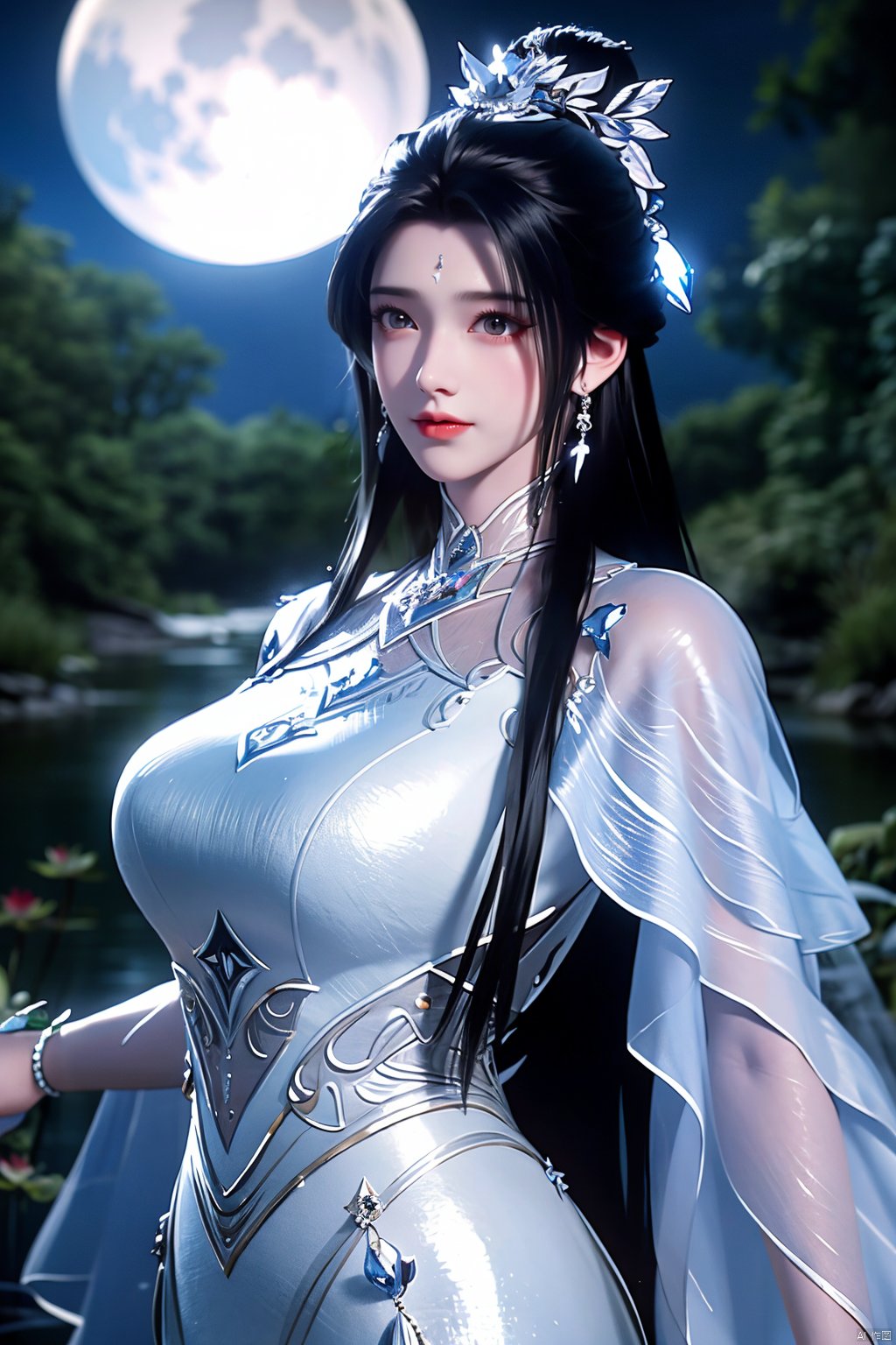 masterpiece,(best quality),official art,extremely detailed cg 8k wallpaper,(extremely delicate and beautiful),,1girl,Depth of field,kind smile,looking_at_viewer,Dynamic pose,Xluxueqi,(big breasts:1.23), full moon,flowers,Waterfall, lotus, willow, butterfly