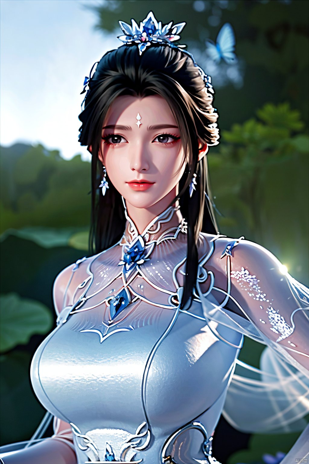 masterpiece,(best quality),official art,extremely detailed cg 8k wallpaper,(extremely delicate and beautiful),,1girl,Depth of field,kind smile,looking_at_viewer,Dynamic pose,Xluxueqi,(big breasts:1.23), full moon,flowers,Waterfall, lotus, willow, butterfly