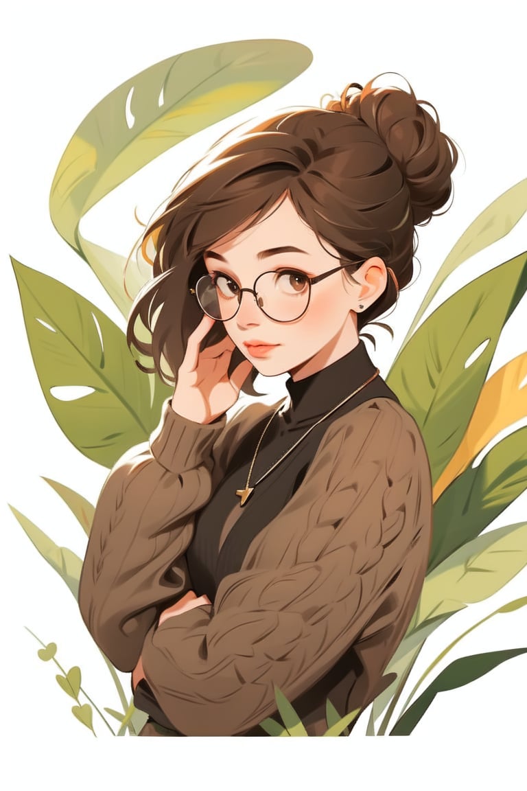 1girl, solo, looking at viewer, brown hair, shirt, long sleeves, jewelry, closed mouth, upper body, glasses, necklace, hair bun, lips, realistic, round eyewear