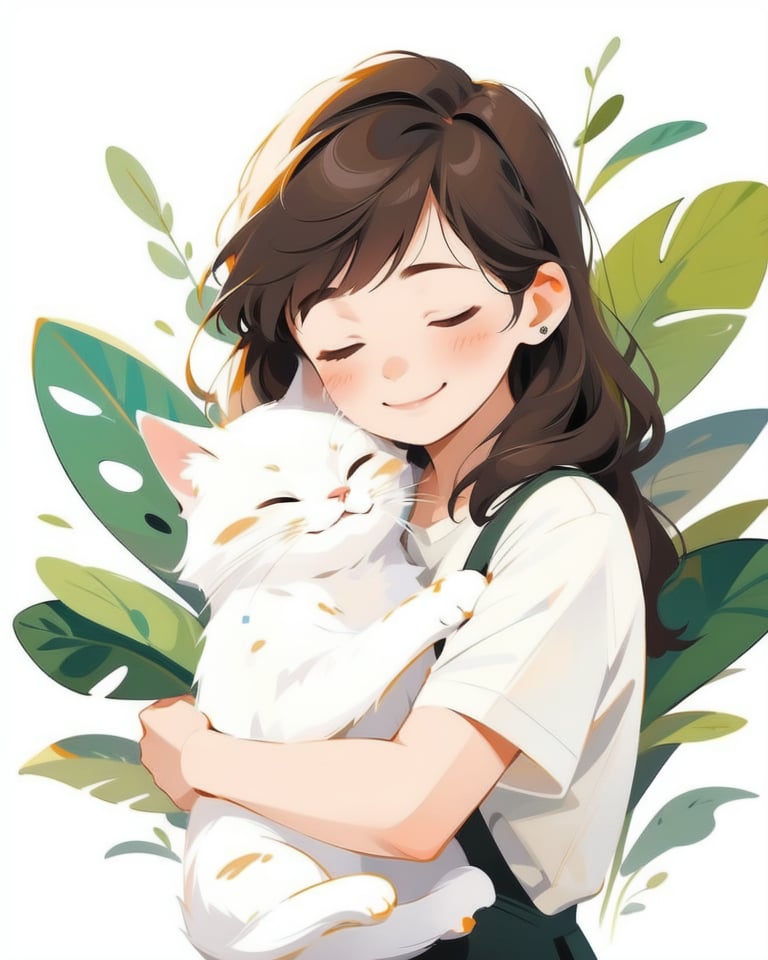 1girl, closed eyes, white shirt, shirt, short sleeves, animal, holding animal, leaf, smile, brown hair, upper body, long hair, white background, holding, closed mouth, animal hug, solo, dog, bangs, blush stickers, blush, cat, simple background, plant,(masterpiece:1.2), best quality, highres,extremely detailed CG,perfect lighting,8k wallpaper,