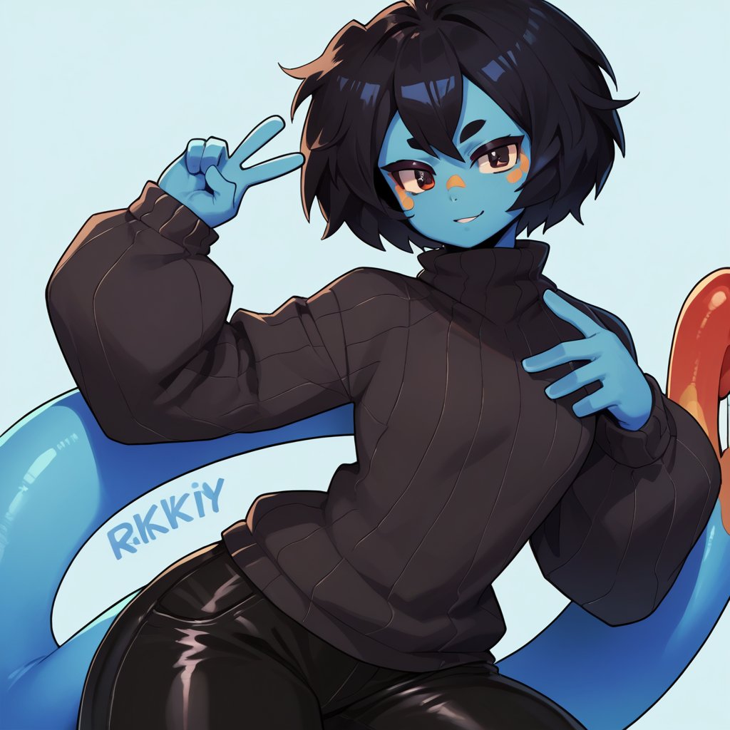 score_9, score_8_up, score_7_up, source_anime, 1girl, rikki, solo, blue skin, tail, black hair, short hair, looking at viewer, posing, pose, peace sign, :<, (black sweater), black pants, front view,