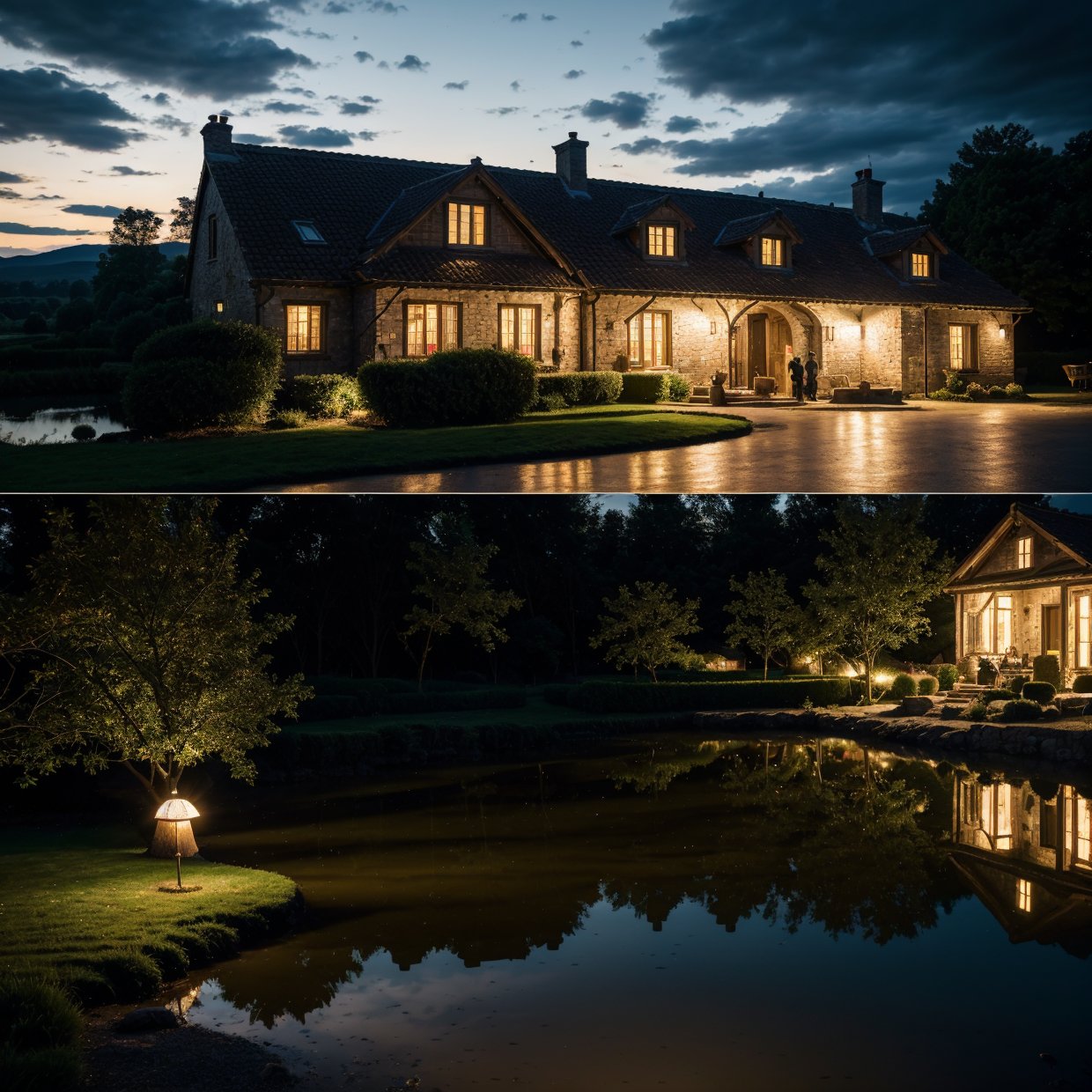 a realistic night scene with reflections of a countryside house and people around, (best quality,4k,8k,highres,masterpiece:1.2),ultra-detailed,(realistic,photorealistic,photo-realistic:1.37),highly detailed countryside house,reflective lake,detailed people gathered around the house,warm lighting,vibrant colors,dramatic lighting,atmospheric,moody,cinematic,landscape