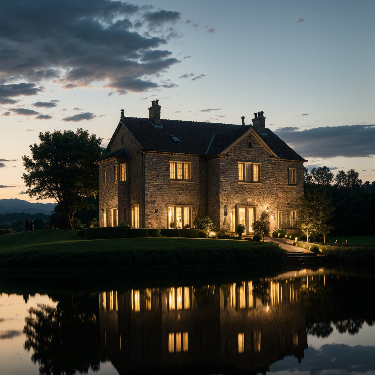 a realistic night scene with reflections of a countryside house and people around, (best quality,4k,8k,highres,masterpiece:1.2),ultra-detailed,(realistic,photorealistic,photo-realistic:1.37),highly detailed countryside house,reflective lake,detailed people gathered around the house,warm lighting,vibrant colors,dramatic lighting,atmospheric,moody,cinematic,landscape