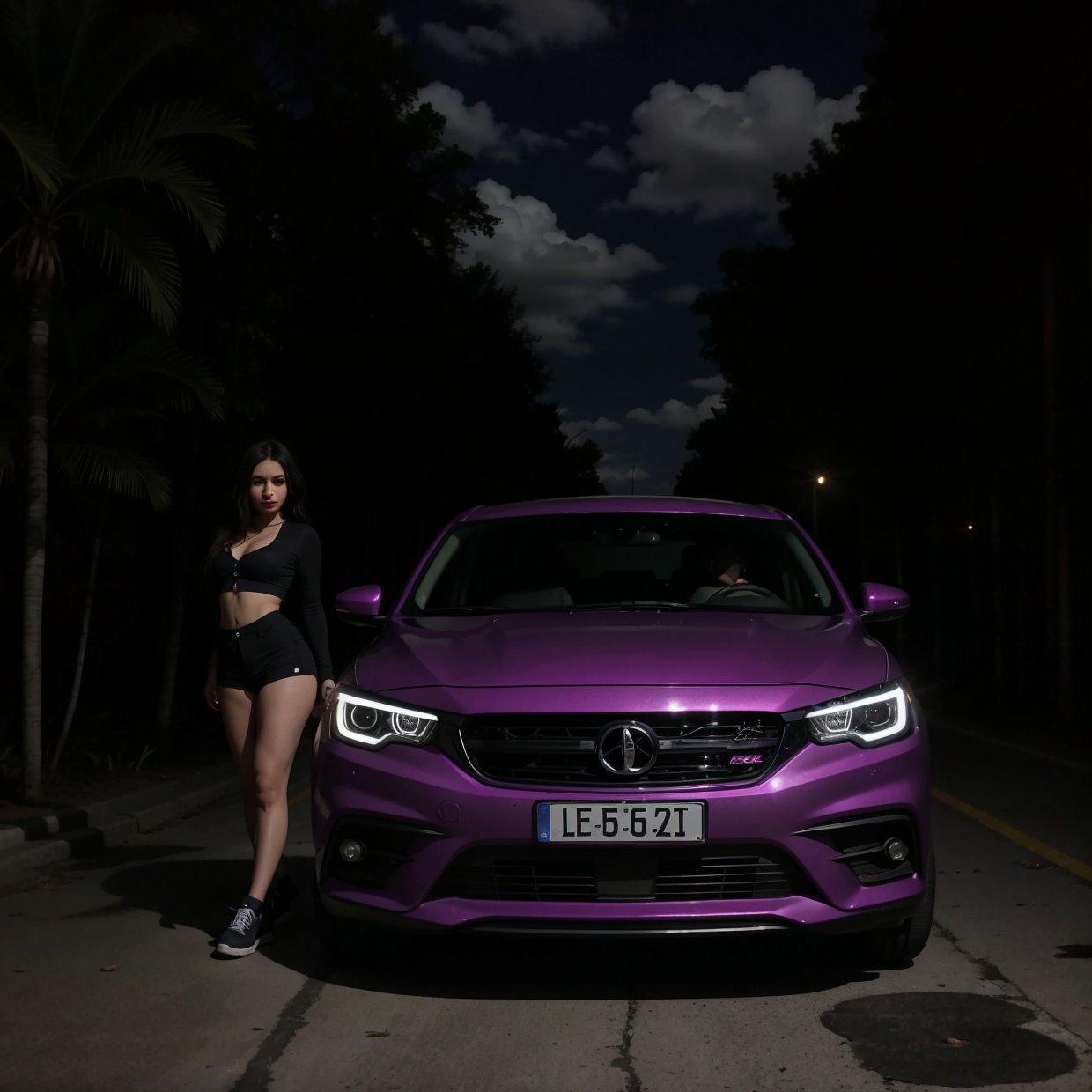 a dark night, a parked car purple  with reflections of car lights, a woman in crop top and demin shorts, standing beside the car on a lonely road in a street city