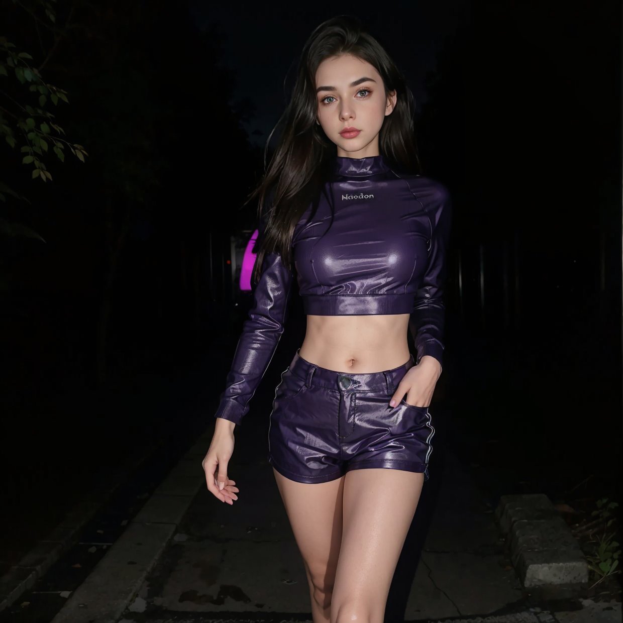 a dark night, a parked car purple  with reflections of car lights, a woman in crop top and demin shorts, standing beside the car on a lonely road in a street city