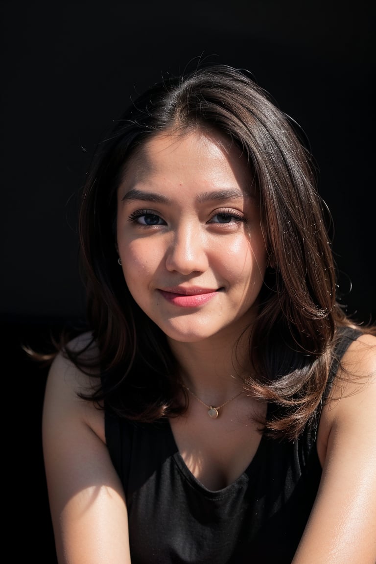 portrait of woman ,(25 years old),smile, happy, long hair,(eye contact:1.3),(intense stare:1.3),on a (plain black background:1.2),(headshot:1.2),(face focus:1.1),(facing the camera:1.2),head in the centre,smile,(facing straightforward:1.2),(forward facing:1.1),face focus,f1.4,40mm,photorealistic,raw,8k, pale_skin , intricate details,dramatic light,award winning,Strong emotional expression,depth of field,blurry,Bokeh,by Nori Inoguchi,