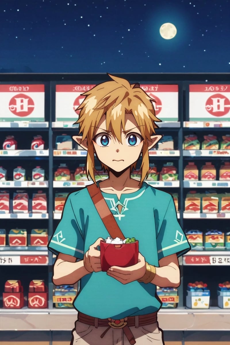 zPDXL, score_9, score_8_up, score_7_up, , anime screencap, rating_safe, intricate details, , depth of field, 1boy, link, the legend of zelda, blonde hair, blue eyes, solo, cowboy shot, store, convenience store, night, full moon, holding object, wavy mouth, <lora:hanako-kun_style_pony:1.04>, hanako-kun_style, , <lora:sdxl_lightning_8step_lora:1>