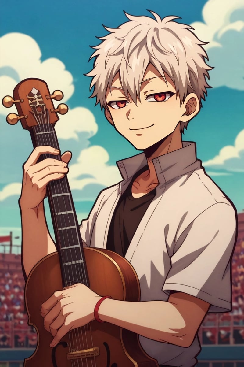 zPDXL, score_9, score_8_up, score_7_up, rating_safe, , , depth of field, 1boy, sakata gintoki, gintama, white hair, red eyes, solo, cowboy shot, concert, day, clouds, holding instrument, half-closed eyes, smile, <lora:hanako-kun_style_pony:0.92>, hanako-kun_style, , <lora:sdxl_lightning_8step_lora:1>