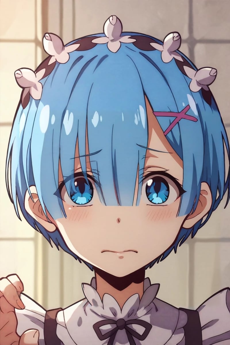 zPDXL, score_9, score_8_up, score_7_up, rating_safe, , looking at viewer, depth of field, 1girl, rem \(re:zero\), blue hair, blue eyes, short hair, hair over one eye, maid headdress, solo, close-up, hospital, dusk, (dynamic pose:1.2), nervous, <lora:hanako-kun_style_pony:1.02>, hanako-kun_style, , <lora:sdxl_lightning_8step_lora:1>