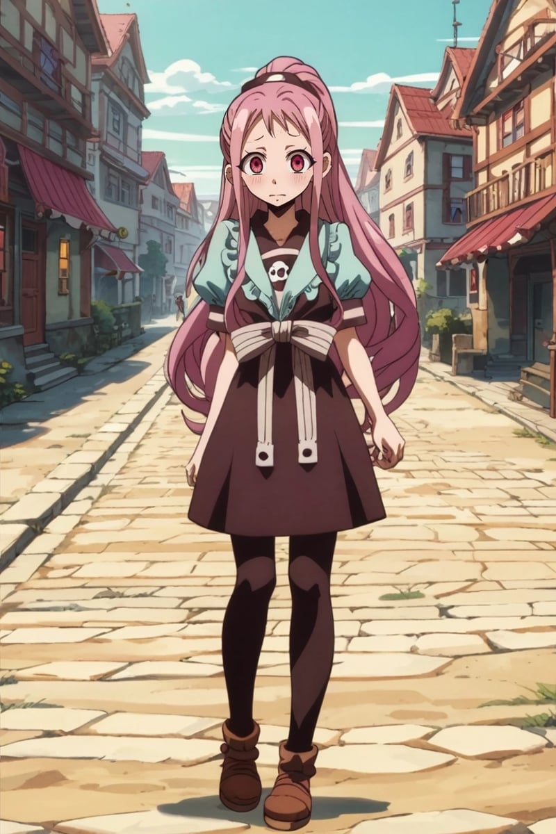 zPDXL, score_9, score_8_up, score_7_up, rating_safe, , , , 1girl, <lora:meredy_fairy_tail_pony:0.70>, meredy_fairy_tail, pink hair, pink eyes, long hair, ponytail, solo, straight-on, full body, town, suburbs, day, twisted torso, embarrassed, nose blush, <lora:hanako-kun_style_pony:1.06>, hanako-kun_style, , <lora:sdxl_lightning_8step_lora:1>