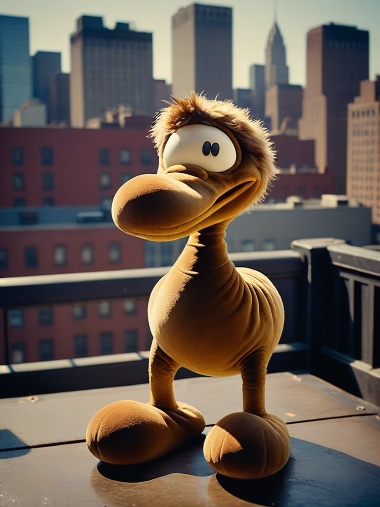 A striking vintage photo of velvet clmnt as a furry platypus on the New York rooftop . The scene is captured using the legendary Ferrania P30 film, resulting in a deep, nostalgic atmosphere. The eyes stands out against the dimly lit, grainy, and slightly faded backdrop. The hard shadows and harsh camera flash create a dynamic contrast, while the analog film adds a unique texture to this deep, captivating photo reminiscent of a movie still.. grainy kodak film aesthetic, deep depth of field, shadows, desaturated colors. vignette, 35mm look like vintage kodachrome. highly detailed found footage composition.,clemente