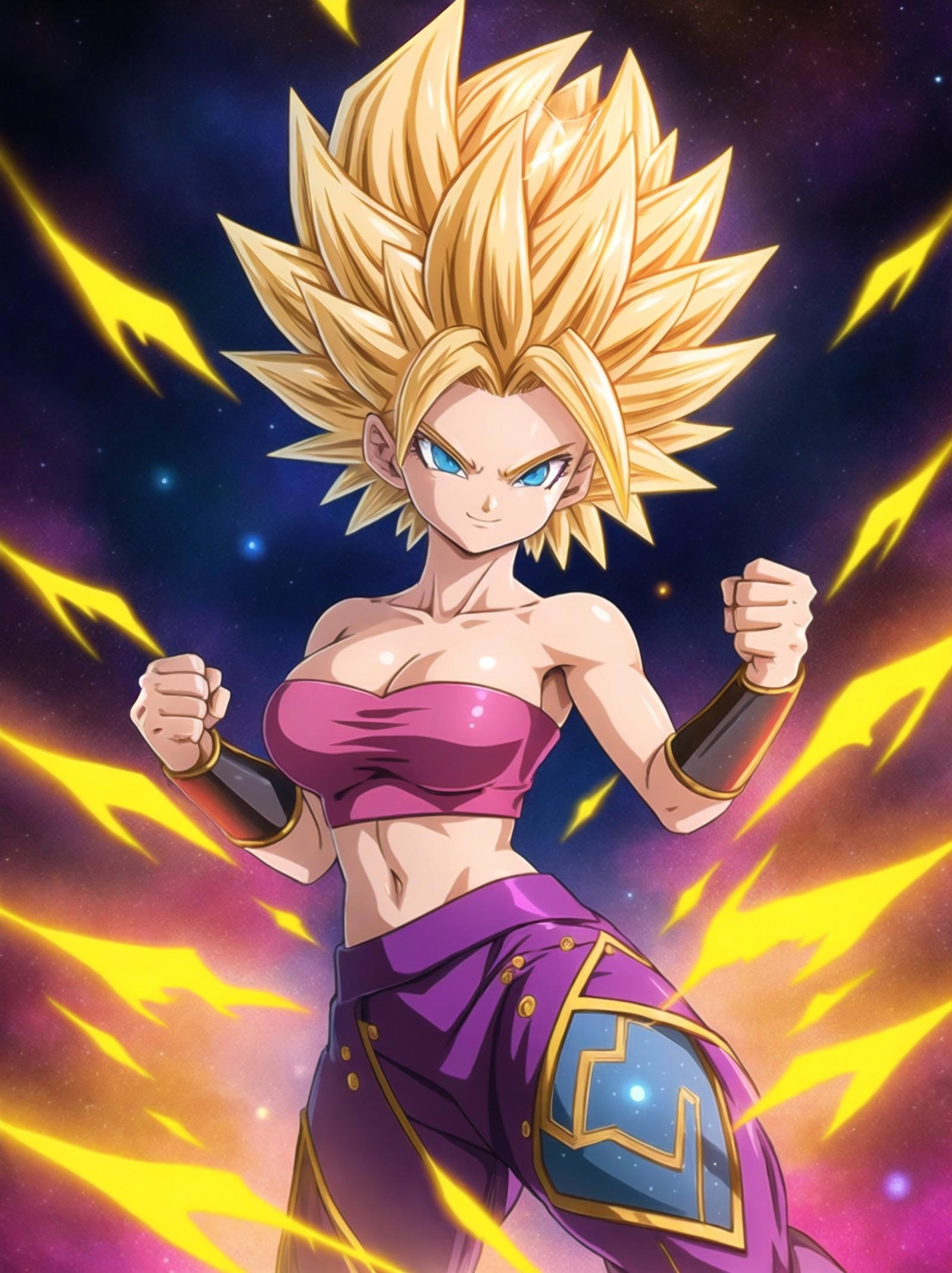 (extremely detailed CG unity 8k wallpaper:1.1),  (sketch:0.9), tracing, ultra-detailed, full body ,anime, (1girl), <lora:Caulifla:0.9>, CauliflaSS2, blonde hair, blue eyes, toned, grey bracers, pink tube top, [large breasts], (looking at viewer), clenched fists, (fighting stance:1.4), smug, smile, toriyama akira, spiked hair, space, stars, planet, (yellow aura:1.3),