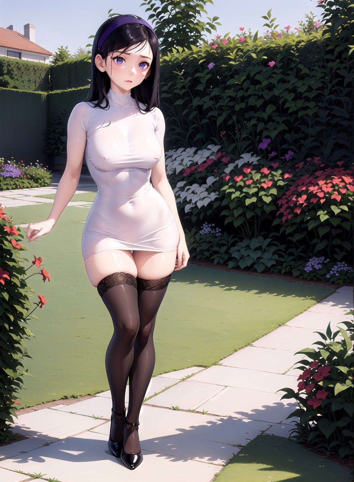 in a garden, short and tight dress, with lace and stockings, violetparr, body and appearance of an older woman, PURPLE EYES, 
purple headband,