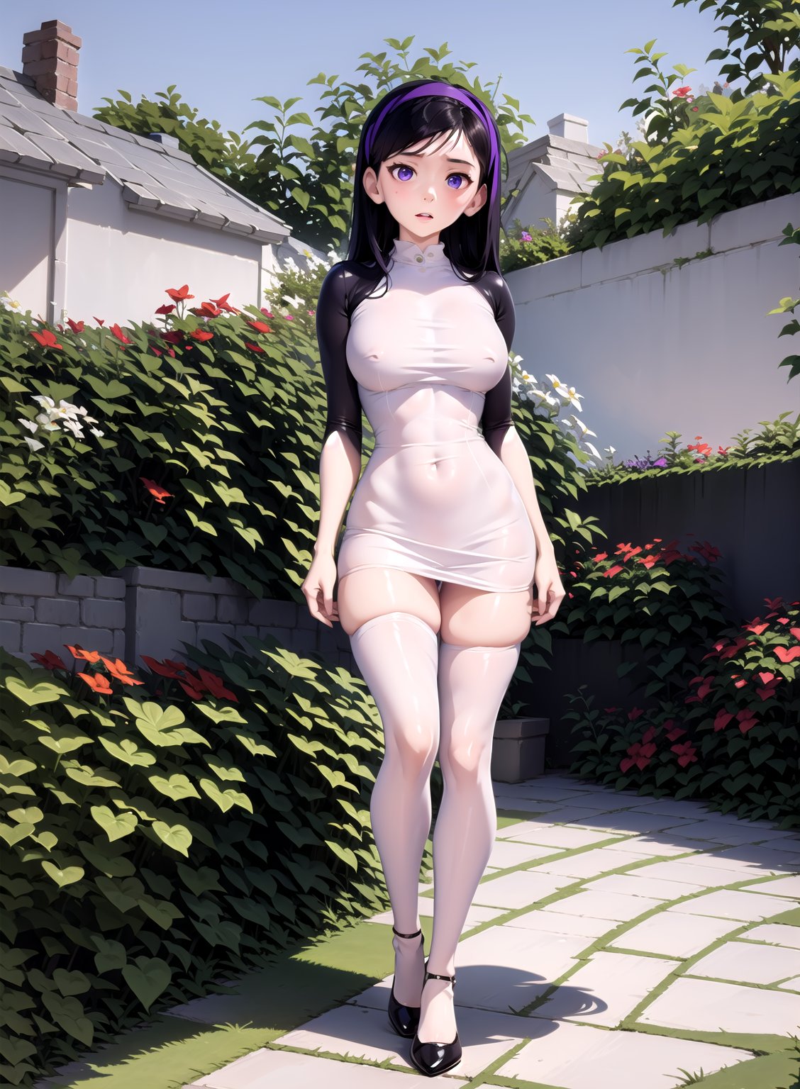 in a garden, short and tight dress, with lace and stockings, violetparr, body and appearance of an older woman, PURPLE EYES, 
purple headband,