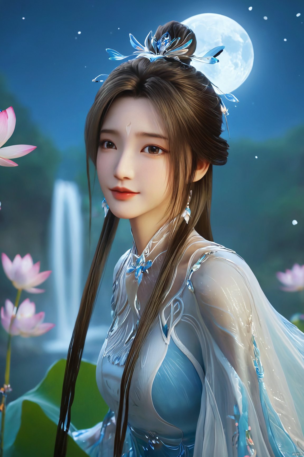 masterpiece,(best quality),official art,(extremely delicate and beautiful),,1girl,Depth of field,kind smile,looking_at_viewer,Dynamic pose,Xluxueqi,(big breasts:1.79), full moon,flowers,Waterfall, lotus, willow, butterfly