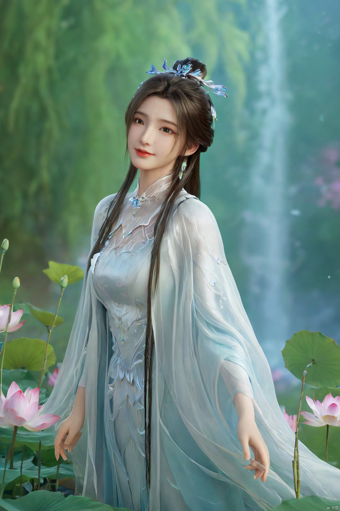 masterpiece,(best quality),official art,(extremely delicate and beautiful),,1girl,Depth of field,kind smile,looking_at_viewer,Dynamic pose,Xluxueqi,(big breasts:1.79), full moon,flowers,Waterfall, lotus, willow, butterfly