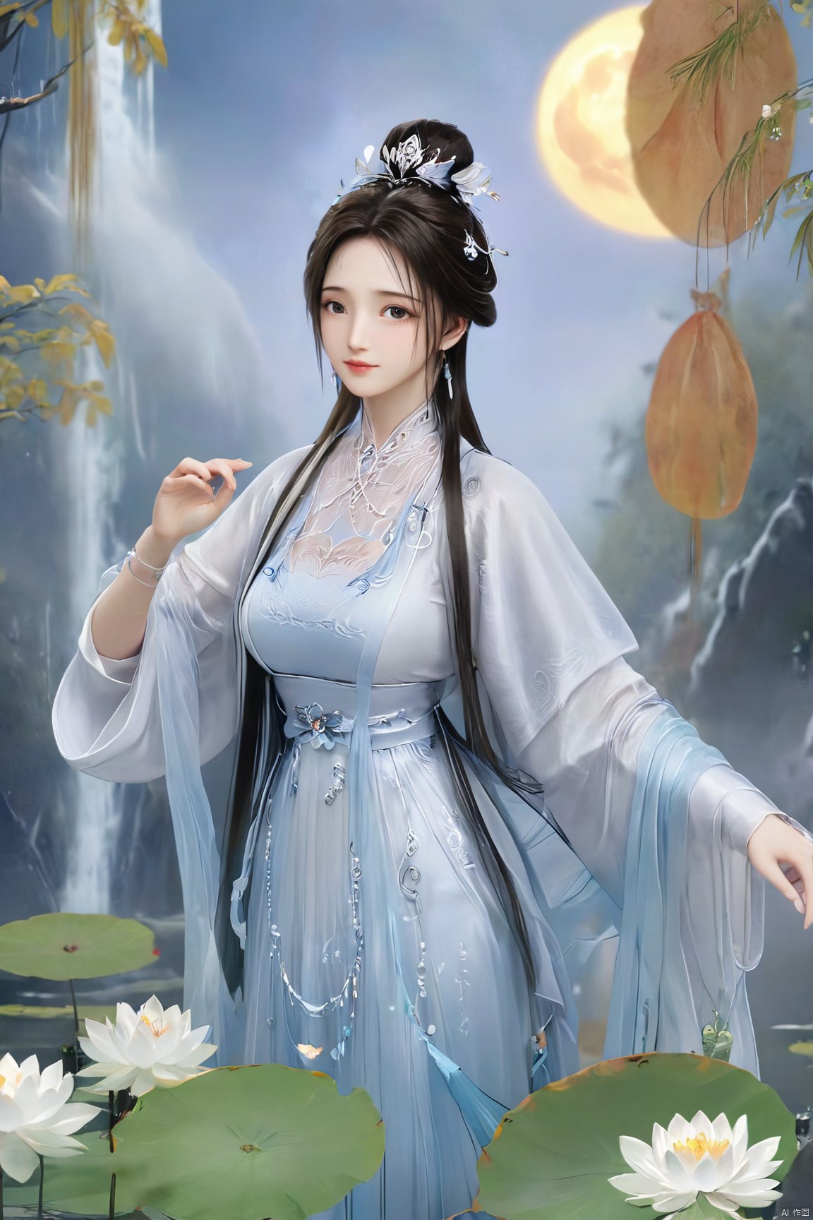 masterpiece,(best quality),official art,(extremely delicate and beautiful),,1girl,Depth of field,kind smile,looking_at_viewer,Dynamic pose,Xluxueqi,(big breasts:1.79), full moon,flowers,Waterfall, lotus, willow, butterfly