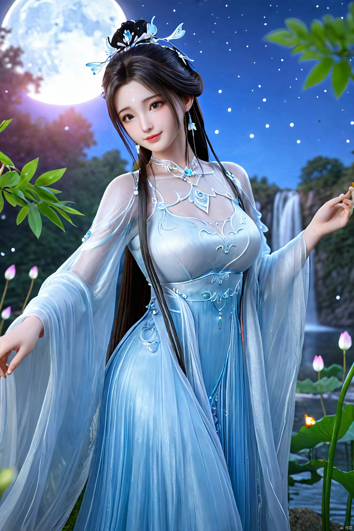 masterpiece,(best quality),official art,extremely detailed cg 8k wallpaper,(extremely delicate and beautiful),,1girl,Depth of field,kind smile,looking_at_viewer,Dynamic pose,Xluxueqi,(big breasts:1.39), full moon,flowers,Waterfall, lotus, willow, butterfly